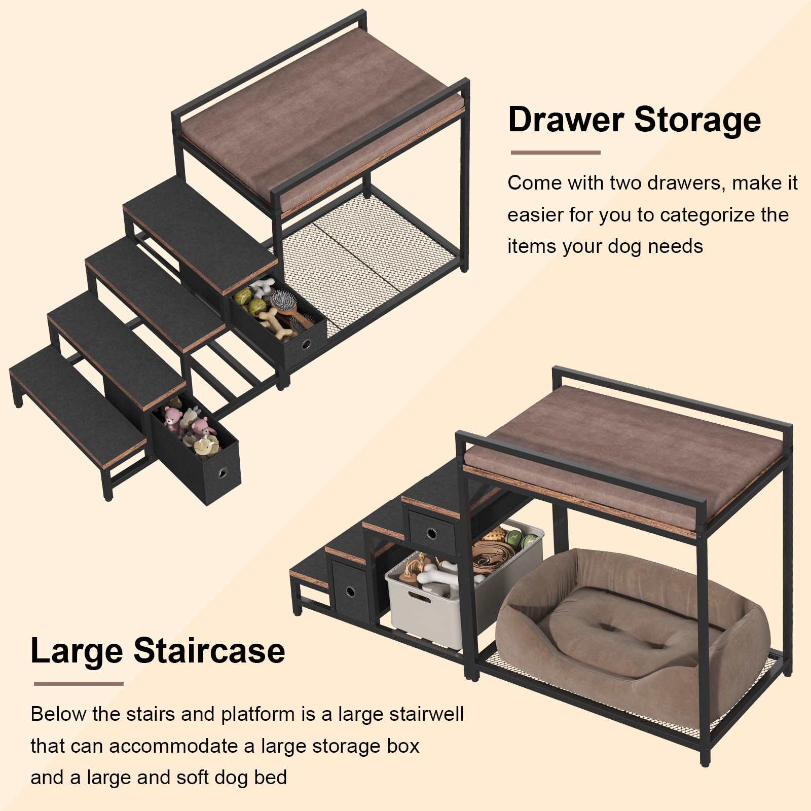 Saudism Pet Bunk Bed With Stairs And Storage, Dogs/Cats Window Perch, Bedside Lounge Elevated Dog Bed Multi-Level Platform With