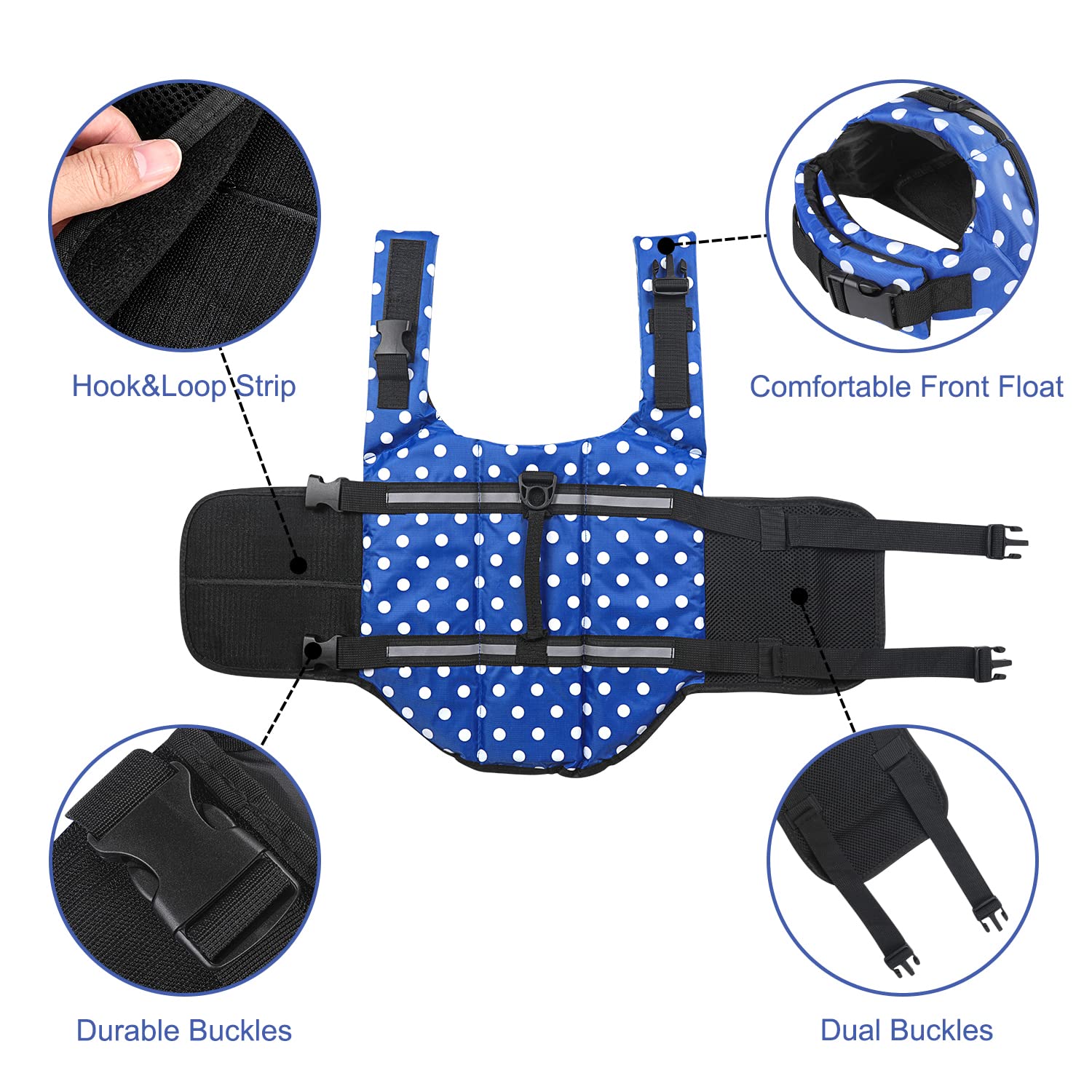 Haocoo Dog Life Jacket Vest Saver Safety Swimsuit Preserver With Reflective Stripes/Adjustable Belt Dogs?Blue Polka Dot,L