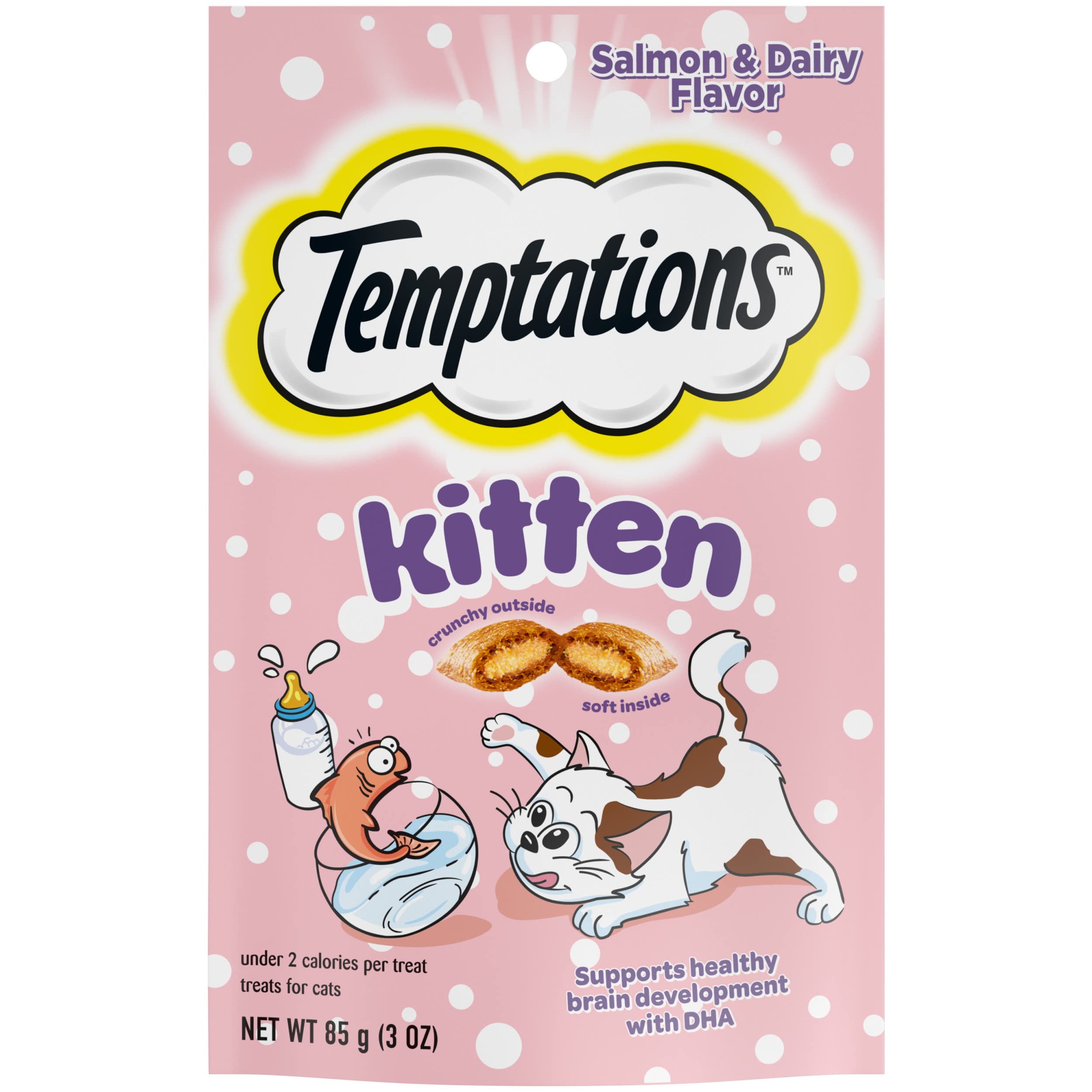 Temptations Kitten Crunchy and Soft Treats Salmon and Dairy Flavor, 3 oz. Pouch, (Pack of 12)