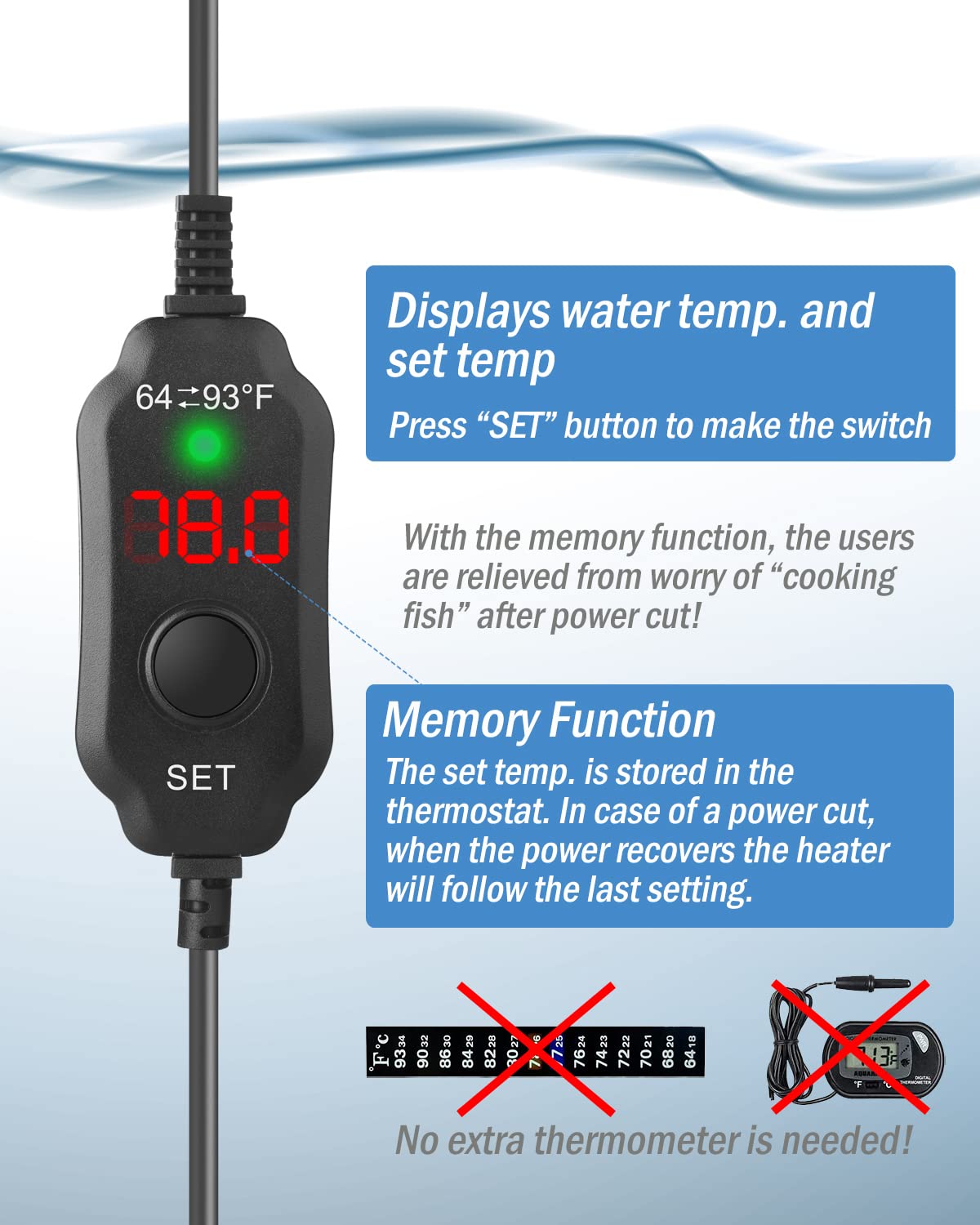 Aquamiracle Adjustable 50W Aquarium Heater Submersible Fish Tank Heater Super Short Aquarium Heater With Led Digital Display Thermostat, For Tanks 5-10 Gallons