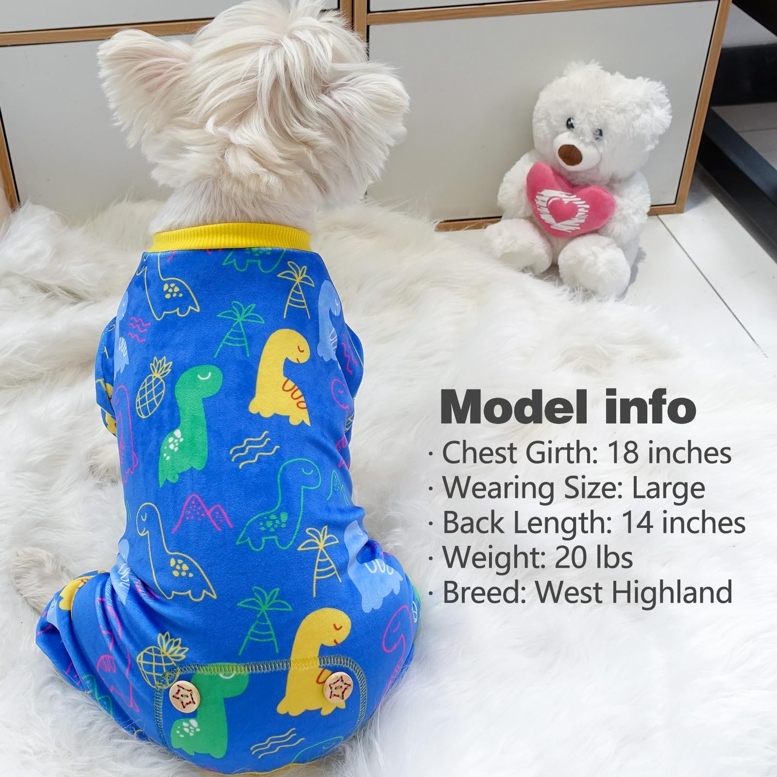 KYEESE Dog Pajamas Medium Sized Dog Comfy Clothes Coat Stretchy Pet Onesie Outfit Soft Pjs Velvet Doggie Jammies with Dinosaur,
