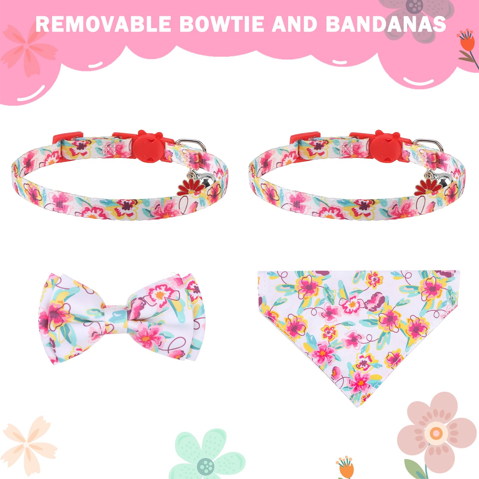 Scenereal Floral Cat Bandanas - 2 Pack Breakaway Collars With Bell Bowtie, Accessories For Pet Birthday, Adjustable Cute Cat Col