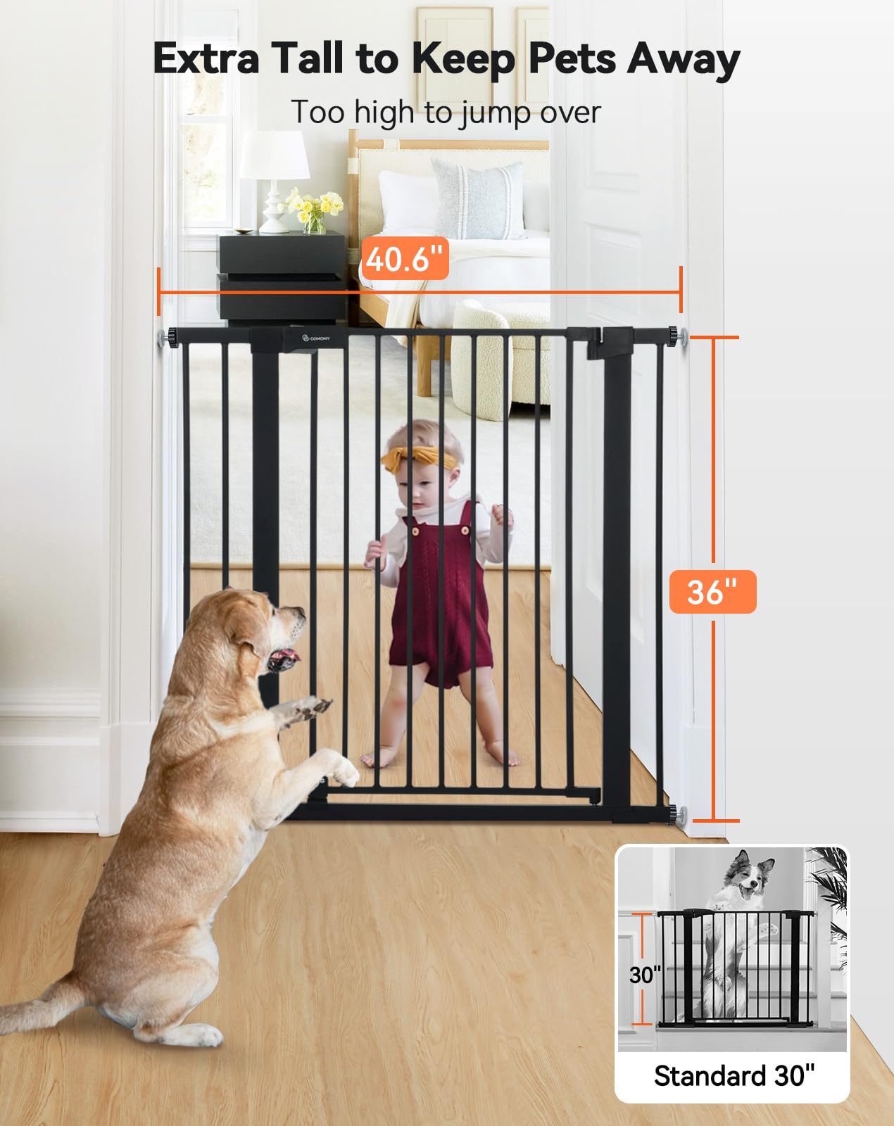 Comomy 36' Extra Tall Baby Gate For Stairs Doorways, Fits Openings 29.5' To 40.6' Wide, Auto Close Sturdy Safety Dog Gate For House, Pressure Mounted Easy Walk Through Pet Gate With Door, Black