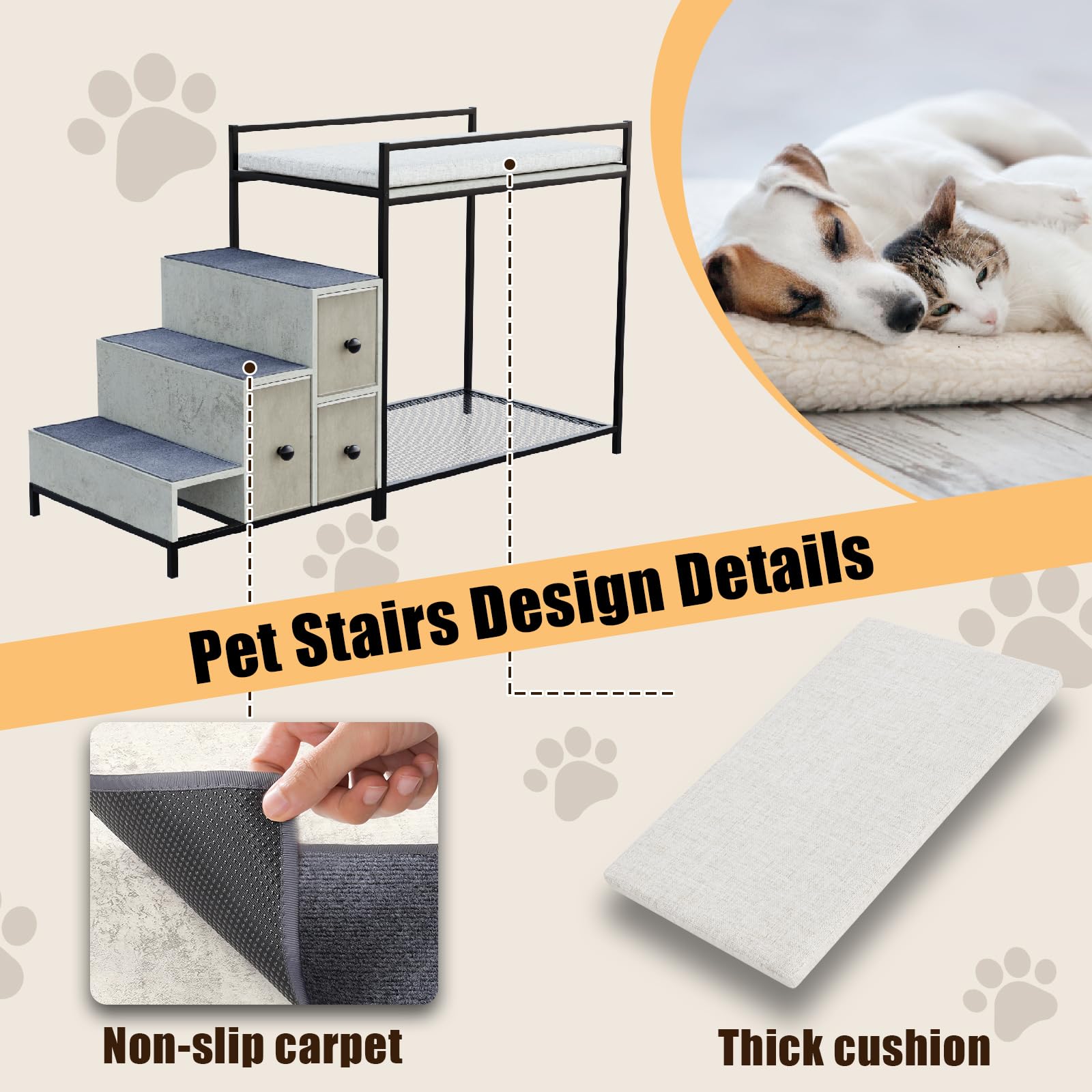LEMBERI Pet Bunk Bed with Stairs and Storage, Dogs/Cats Window Perch, Bedside Lounge Elevated Dog Bed Multi-Level Platform with