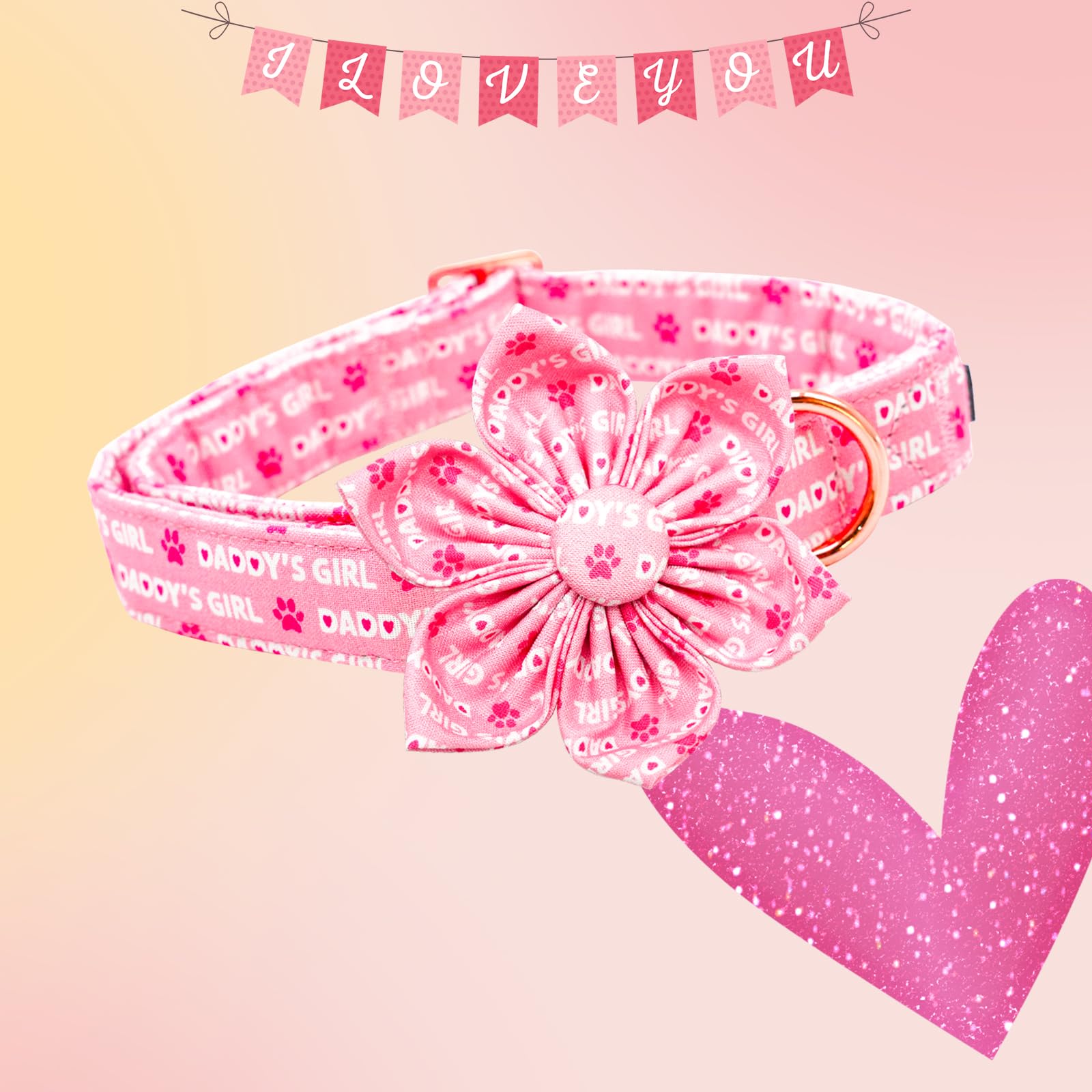 Lionheart Glory Valentine'S Day Dog Collar With Flower For Medium Dogs - Pink With Bowtie, Spring Pet Collar Flowers