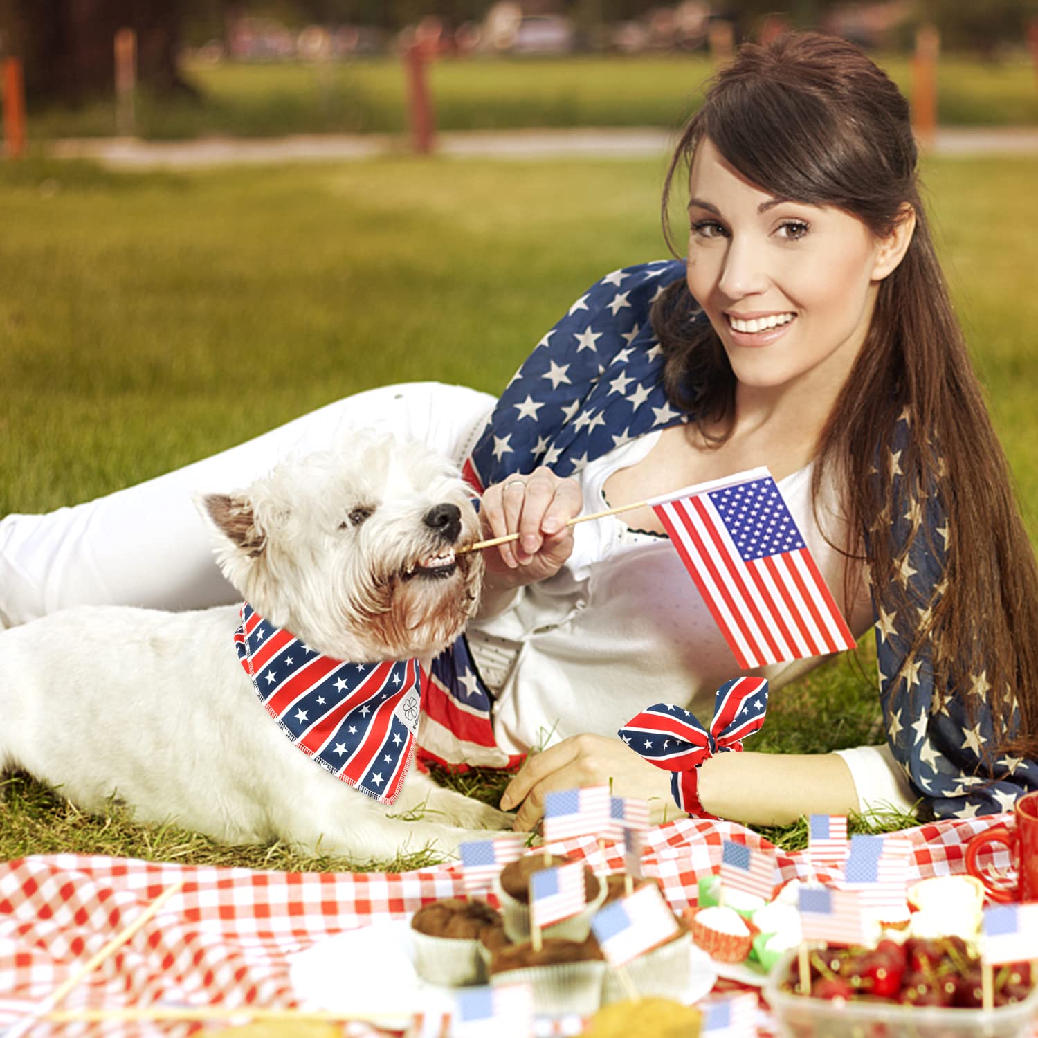 E-Clover 4Th Of July Dog Bandanas & Matching Scrunchie Set American Flag Dog Scarf For Medium Large Dogs Patriotic Pet Bandana K