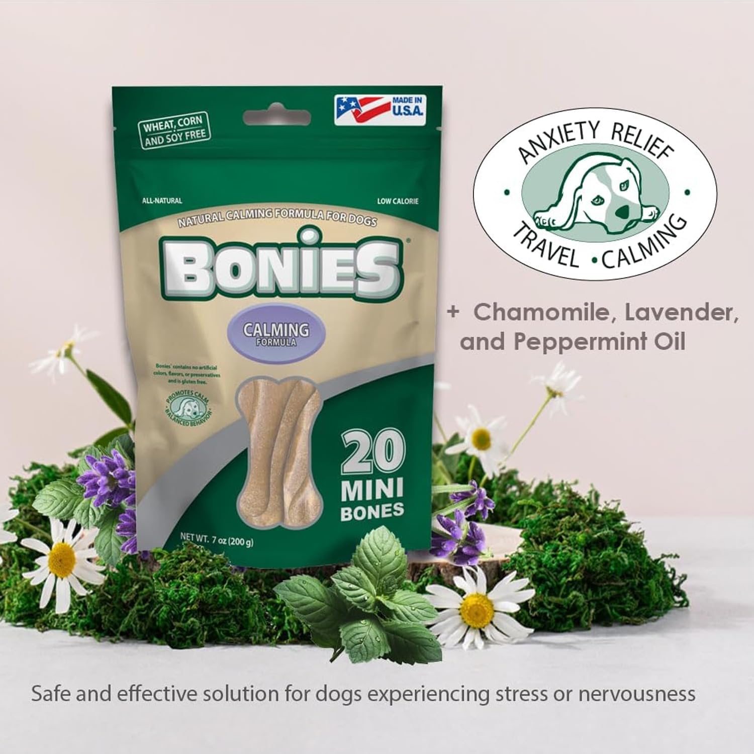 Bonies Natural Calming Formula Small-Sized Single Bone - Contains Chamomile & Lavender, Help Anxiety, Excessive Barking & Trembl