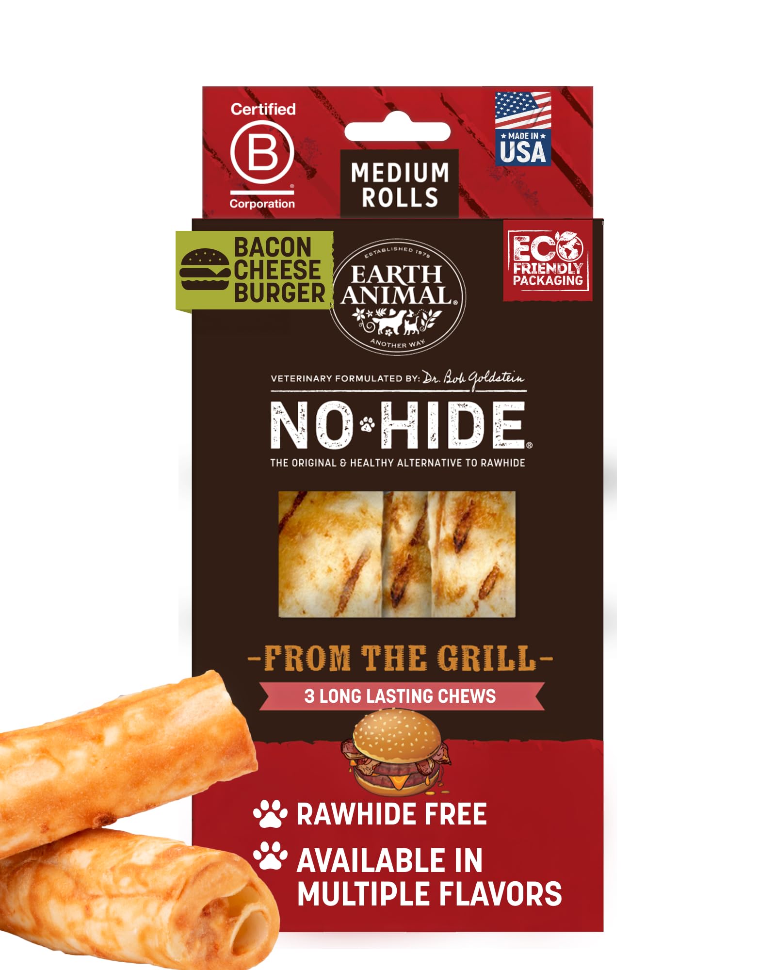 Earth Animal No Hide Chews - Long Lasting Rawhide Free Medium Dog Chews Rolls, Mango - 3 Count Value Pack