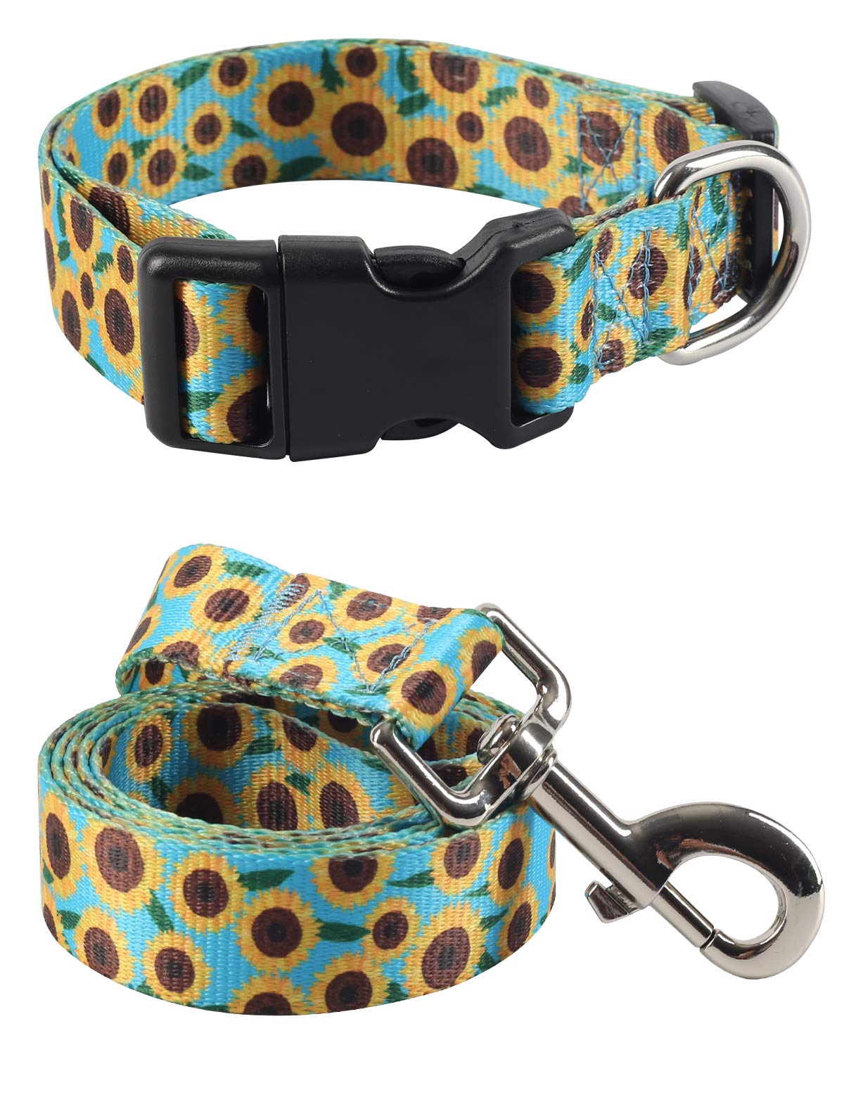 Coomour 2Pcs Sunflower Dog Collars And Pet Floral Leash Set Puppy Adjustable Collars For Small Medium Large Dogs Boys Girls (X-L