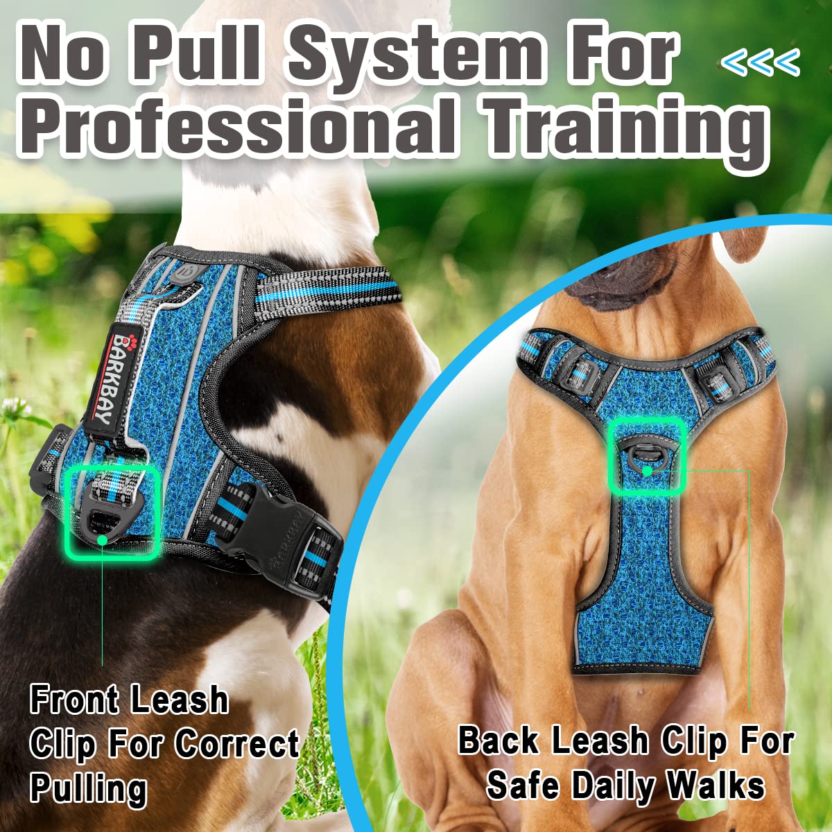 BARKBAY No Pull Dog Harness Front Clip Heavy Duty Reflective Easy Control Handle for Large Dog Walking with ID tag Pocket(Blue/B