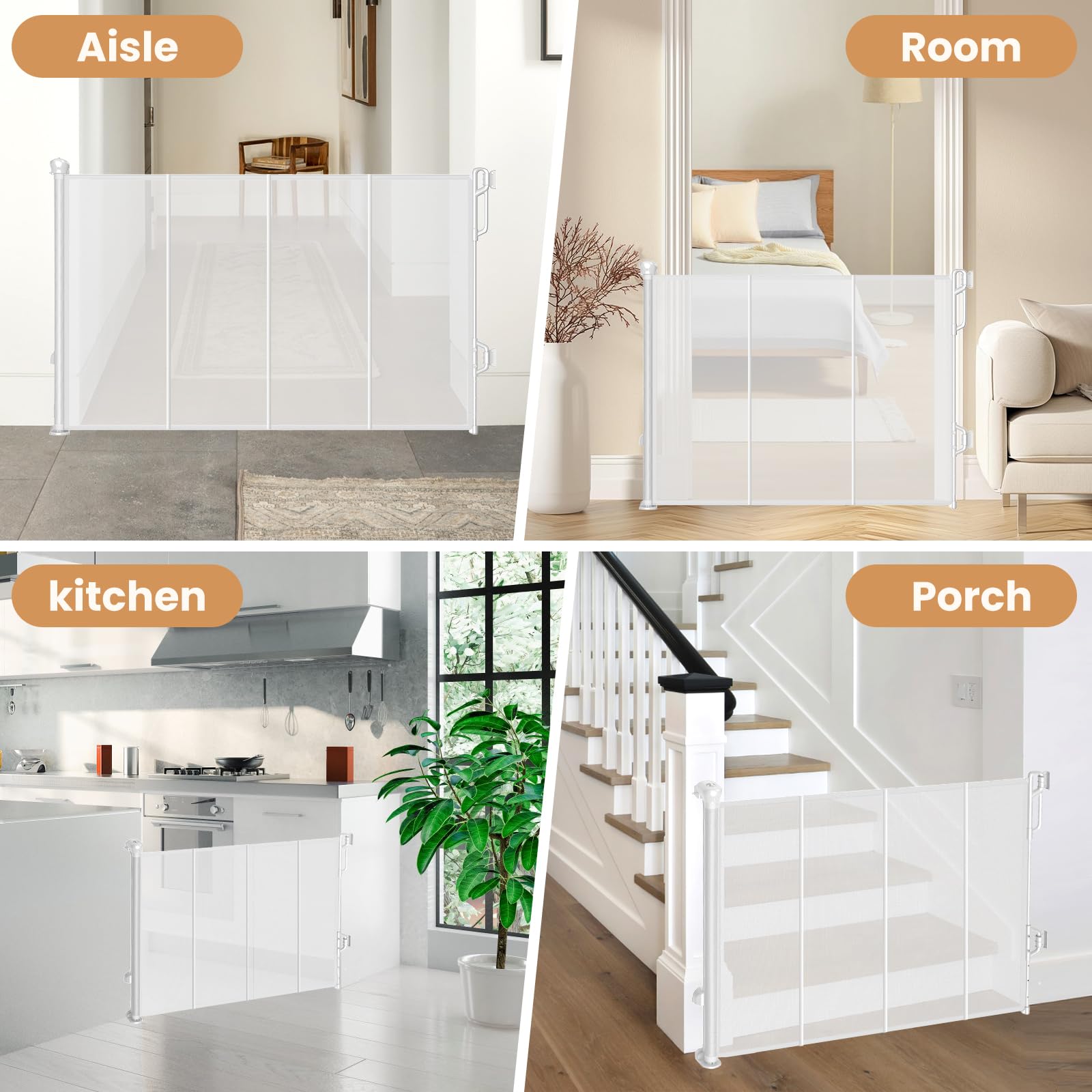 SPACEANY Baby Gate - Reinforced Retractable Mesh Dog Gate, 33.5" Tall, 55" Wide, Easy to Use, White, Model BG04