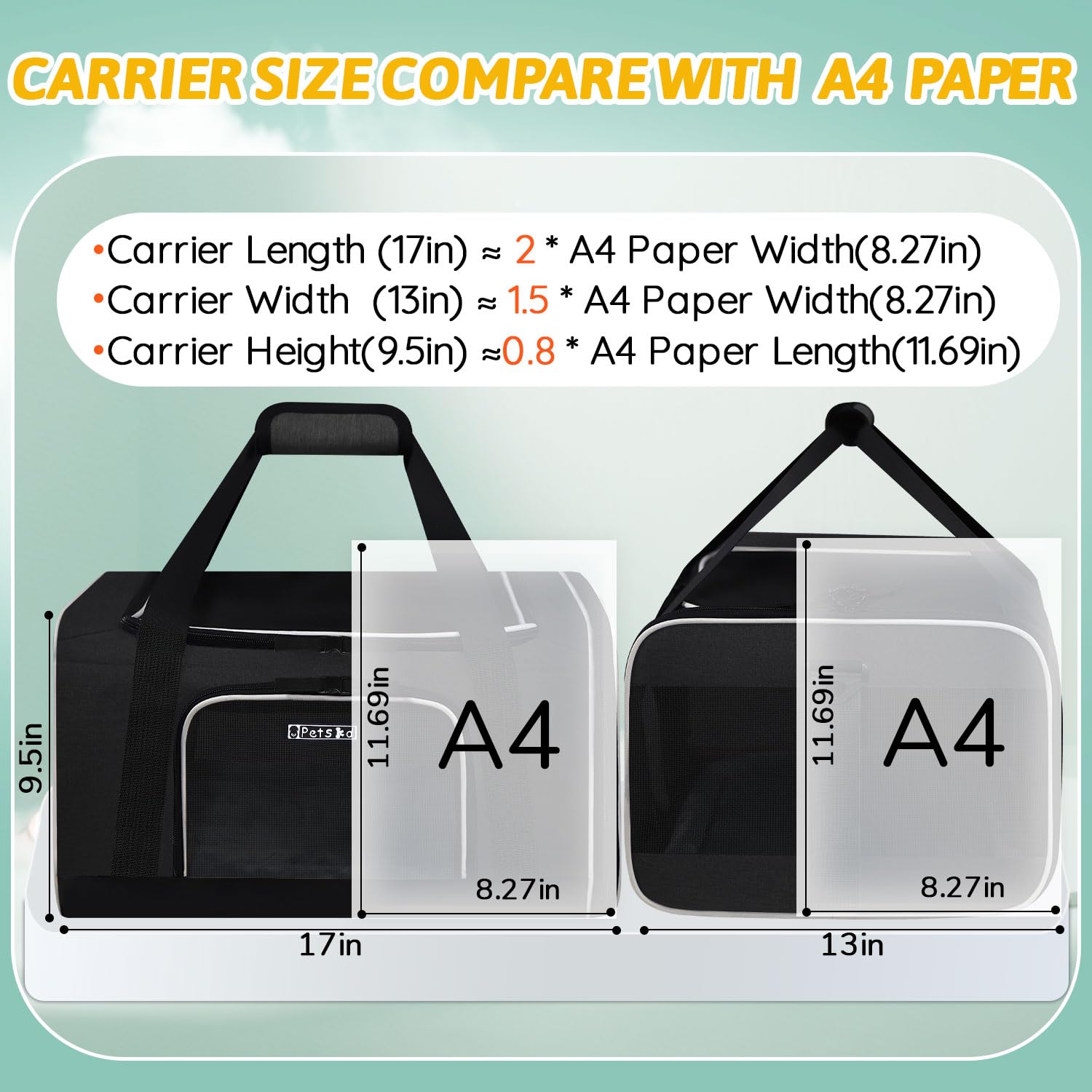Petskd Pet Carrier Bag for Small Cats & Dogs, 17x13x9.5, Approved for Southwest Airlines, Soft Polyester, Black, Model KDB001-Black-ST