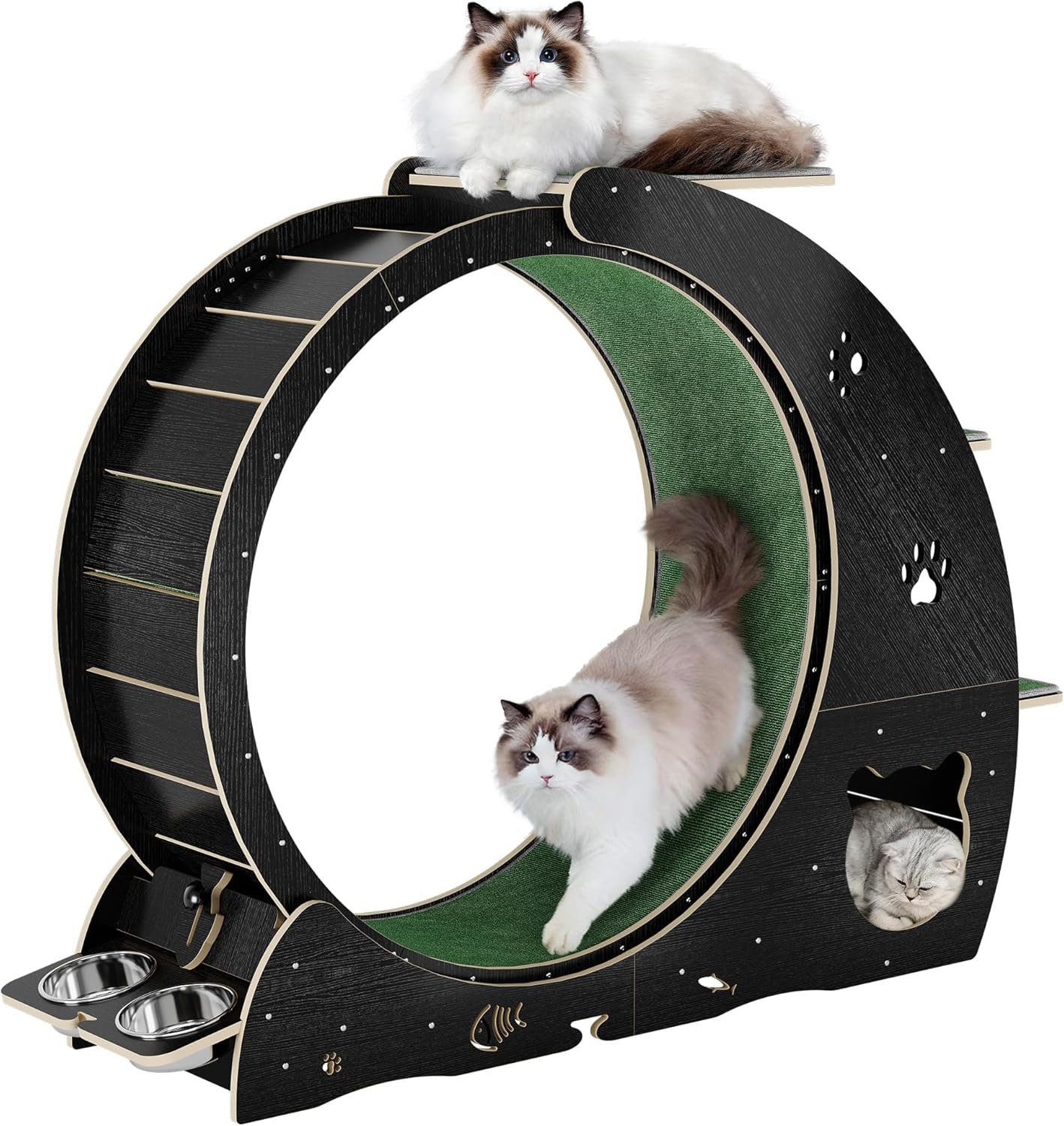 MilleLoom 4-in-1 Cat Running Wheel, Large Cat Treadmill,Large Quiet Exercise Wheel with Scratching Pad & Play Roller,Stable Wood