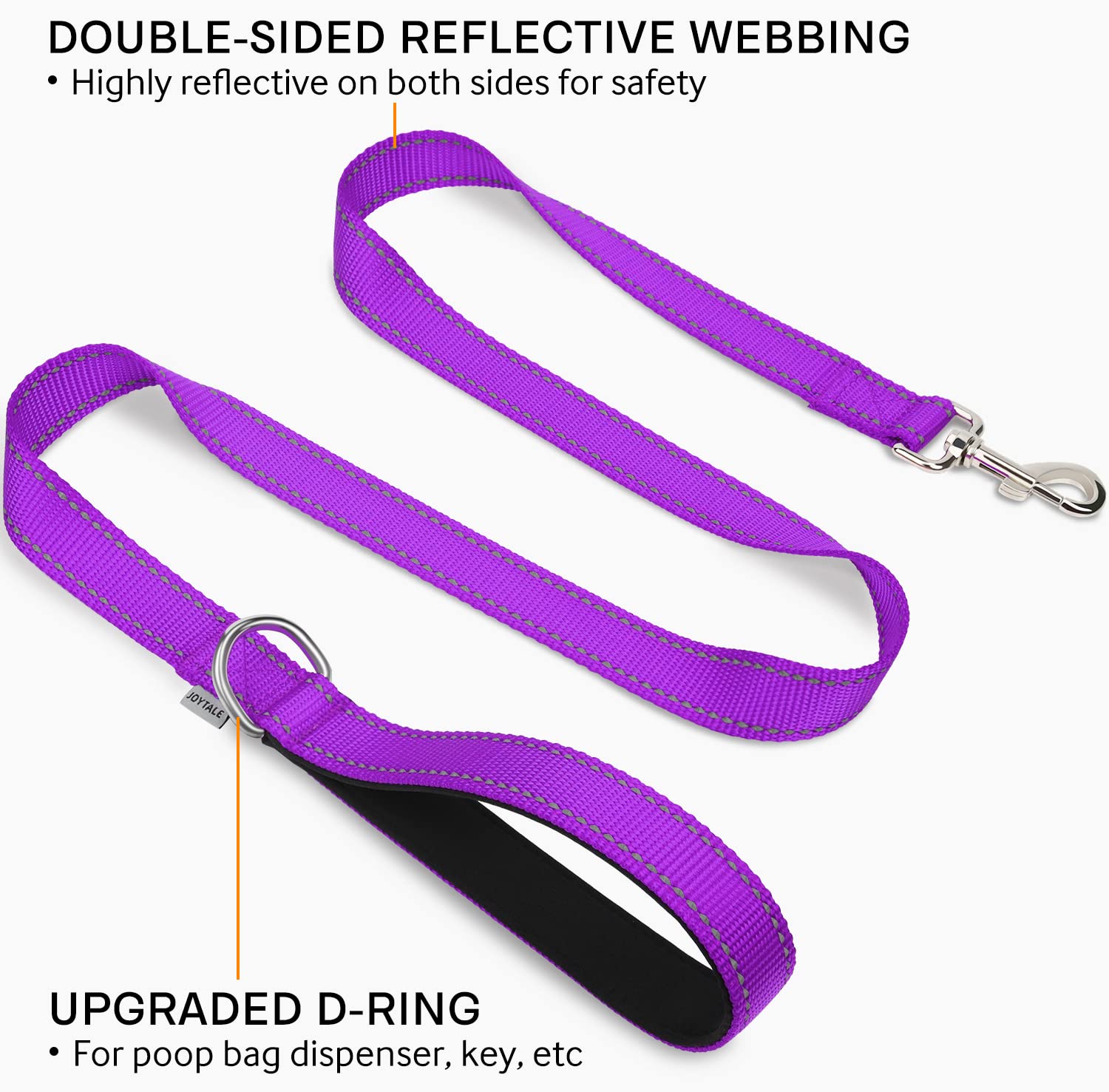 Joytale Double-Sided Reflective Dog Leash, 6 Ft/5 Ft/4 Ft, Padded Handle Nylon Dogs Leashes For Medium & Large Dogs Walking, Pur