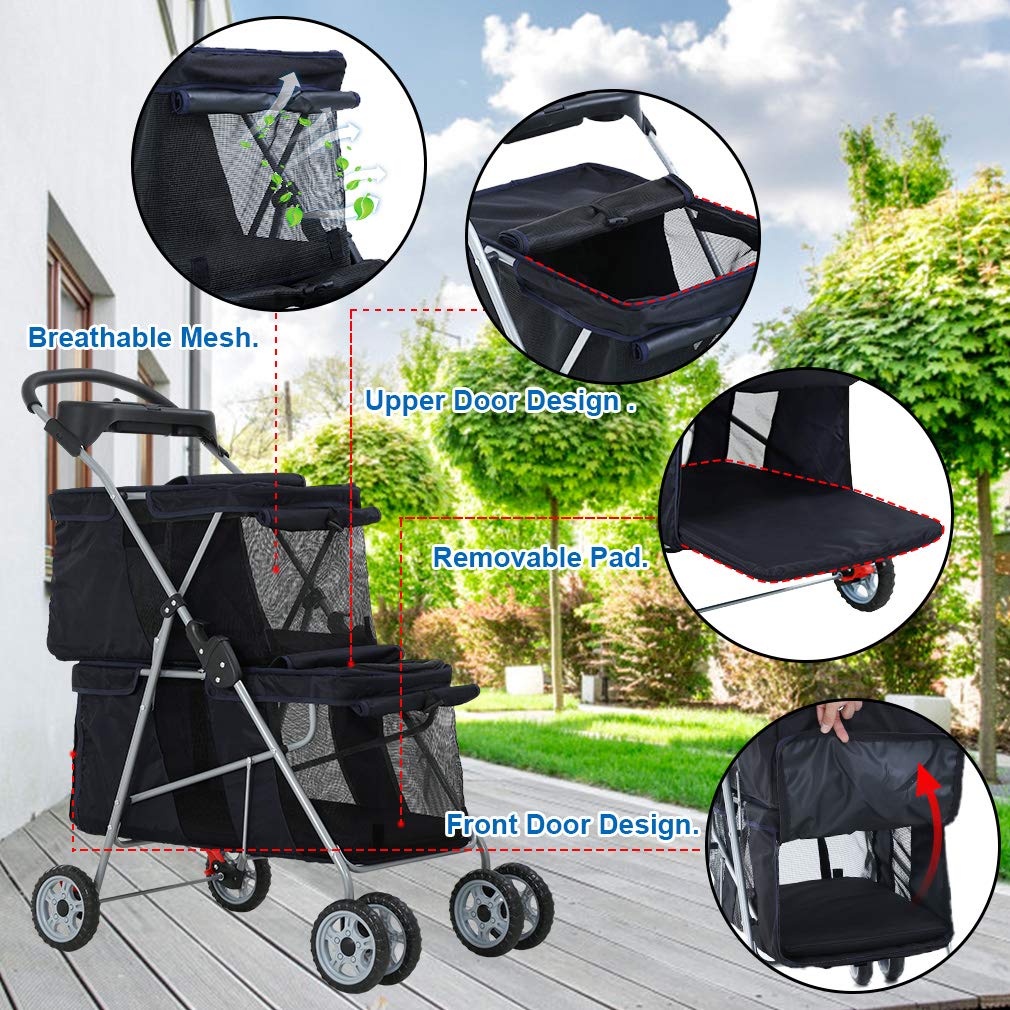 Dog Stroller Cat Pet Carriers for Small Medium Dogs Cats Travel Camping 4 Wheels Lightweight Folding Crate Stroller with Soft Pa