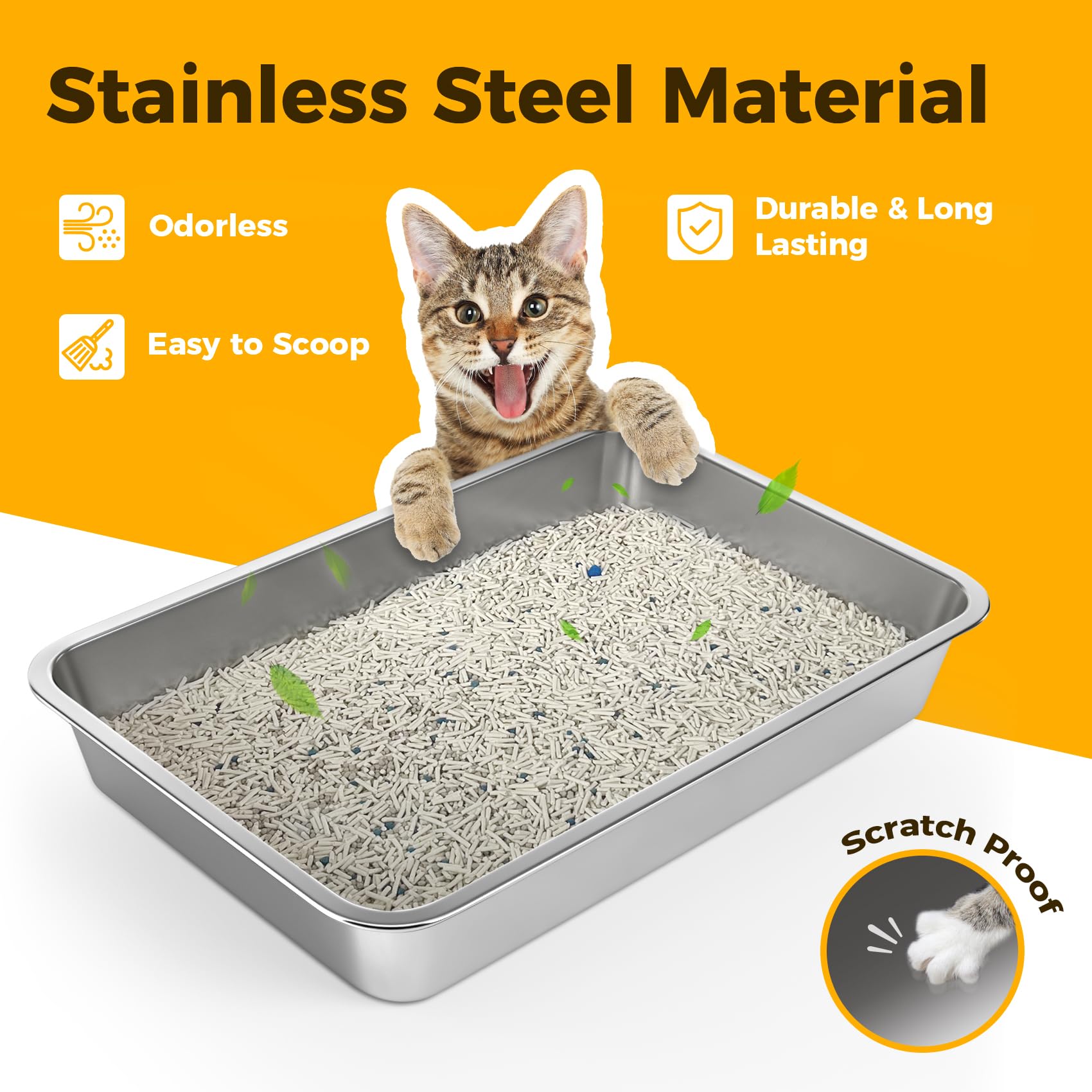 Lihong Stainless Steel Cat Litter Box,Large Metal Litter Box For Small Cats Hamster Rabbits,No Smell,Non Stick,Easy To Clean(24'