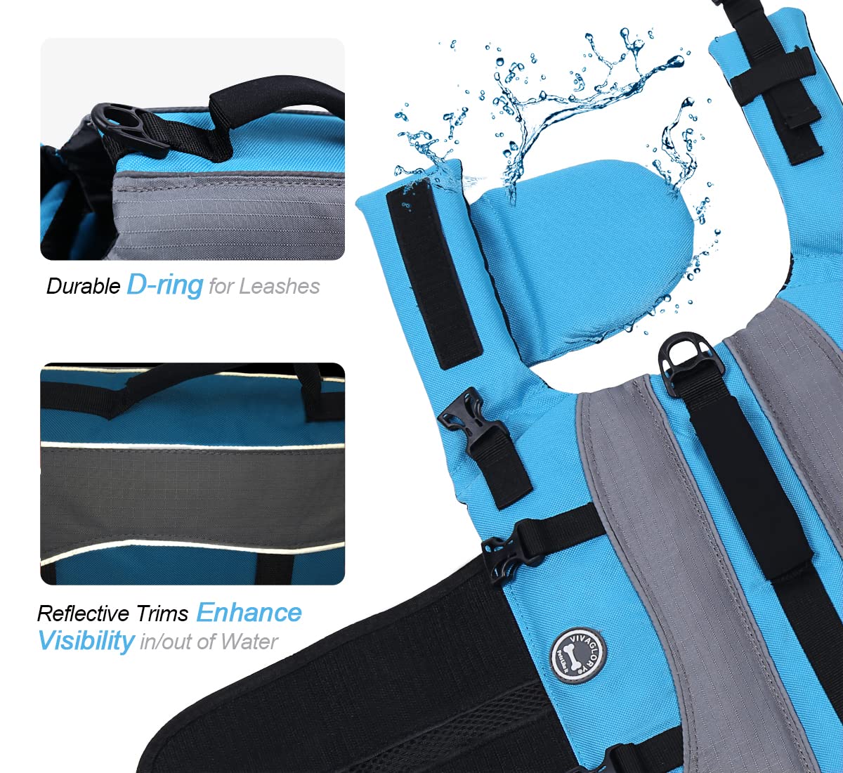 Vivaglory Dog Life Jacket With Removable Front Float, Dogs Life Vest Extra Padding & Reflective Trims Swimming & Boating, Blue,