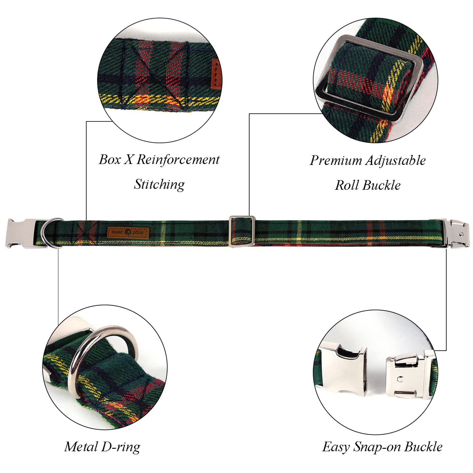 Lionet Paws Christmas Dog Collar With Bowtie Durable Adjustable Handmade Comfortable Bowtie Dog Collar Green With Metal Buckle For Small Dogs,Girl Boy,Party,Festival,Holiday Style,Neck 10-16In