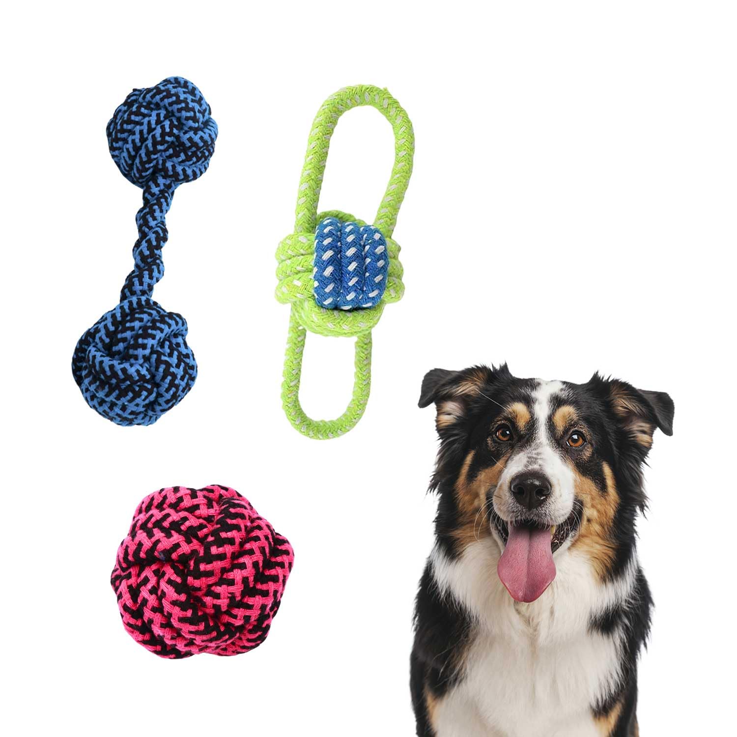 Pawbabas Dog Toy Combo Pack Of 3 | Durable Rope Tug Toy | Knotted Dumbbell Rope | Knotted Ball | Chew, Fetch And Tug Toy And Bre