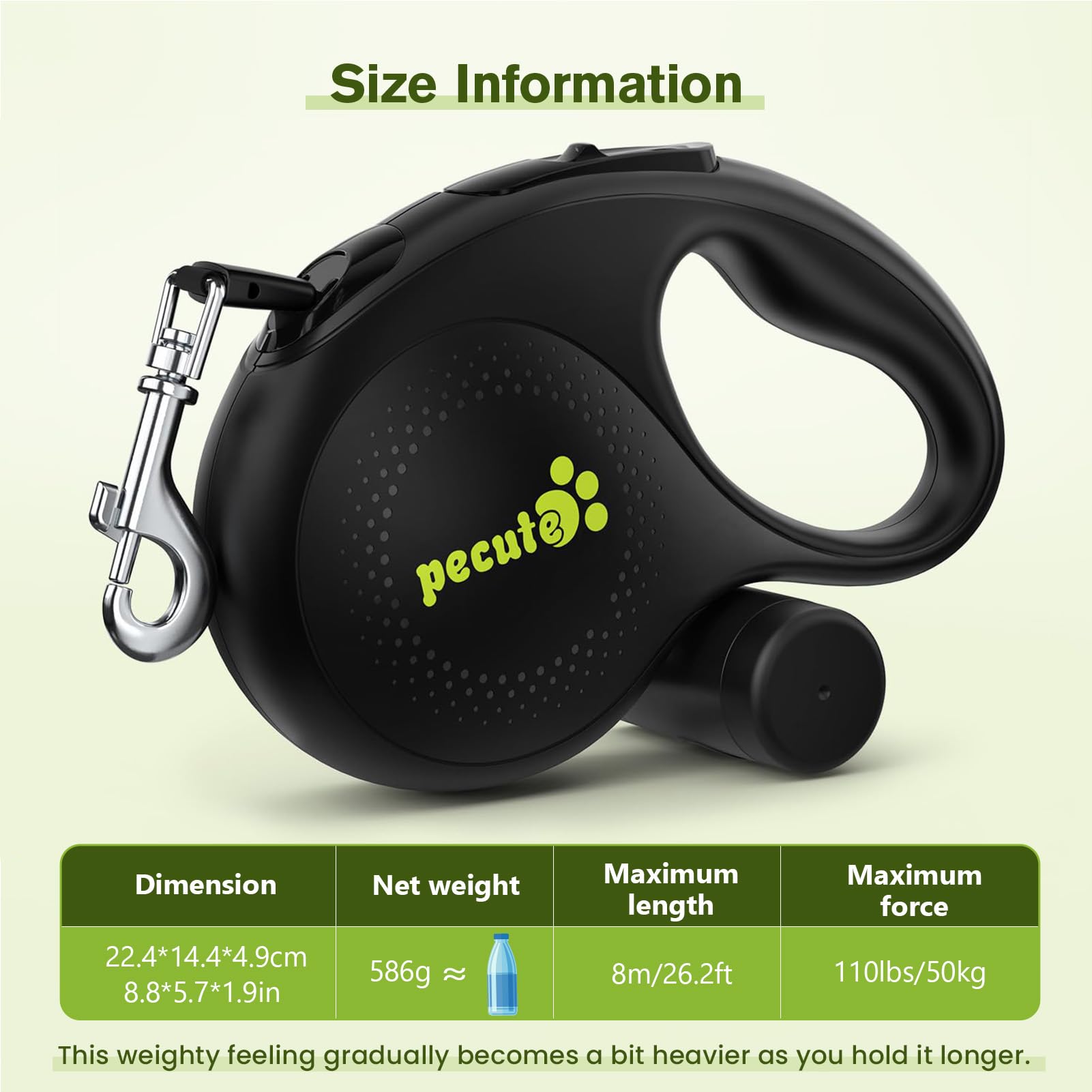 Pecute Retractable Dog Leash, 26ft Heavy Duty, Reflective, for Large Dogs up to 110 lbs, Black, Model PRL-8M04