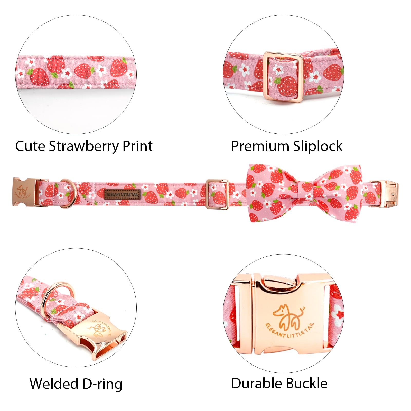 Elegant Little Tail Strawberry Print Cotton Soft Female Dog Collar, Xl, Handmade Bowtie, Unique Design, Durable Cotton Construct
