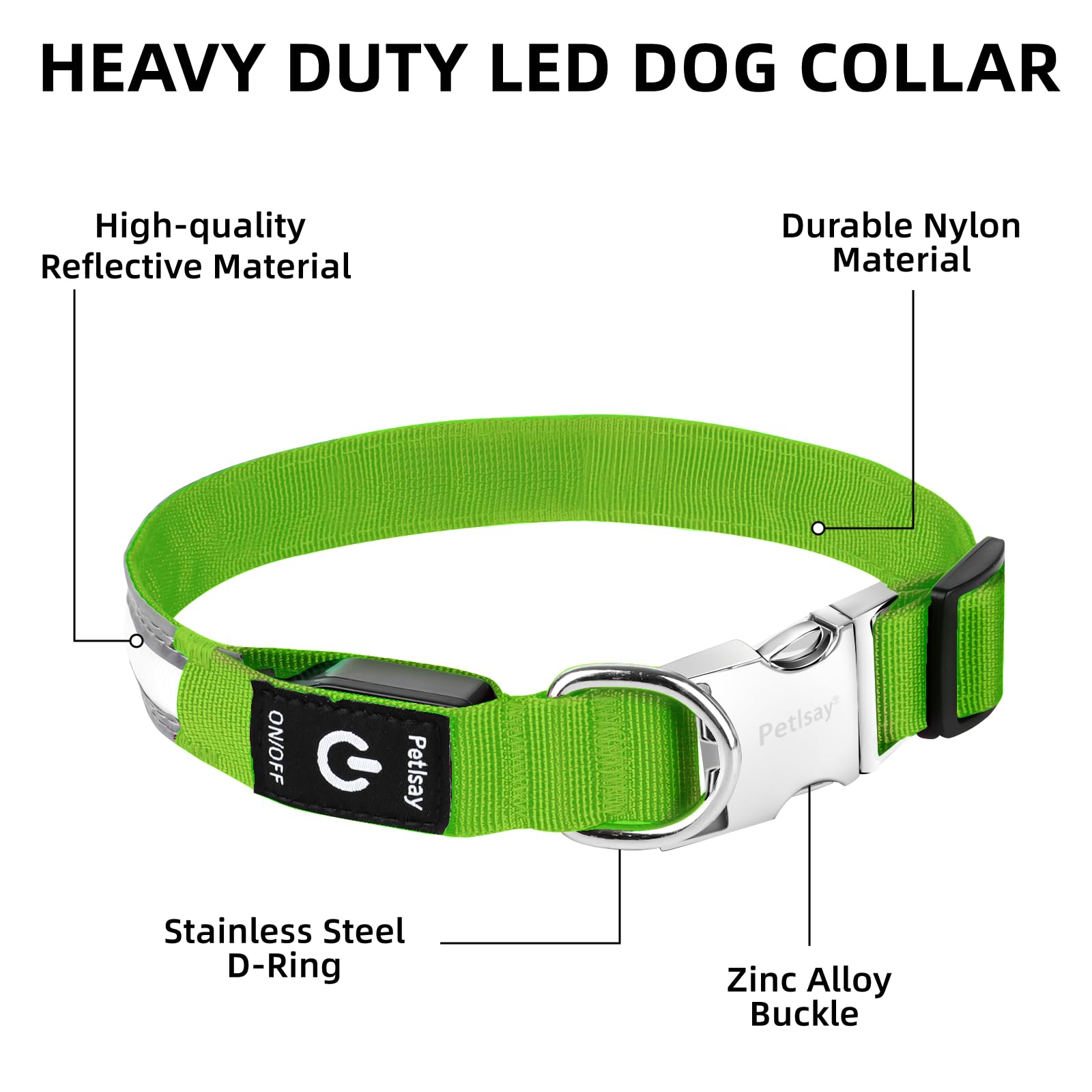 Petisay Led Dog Collar Metal Buckle - Heavy Duty Light Up Collars - Rechargeable Ip68 Waterproof - Lighted Dog Collar For Night