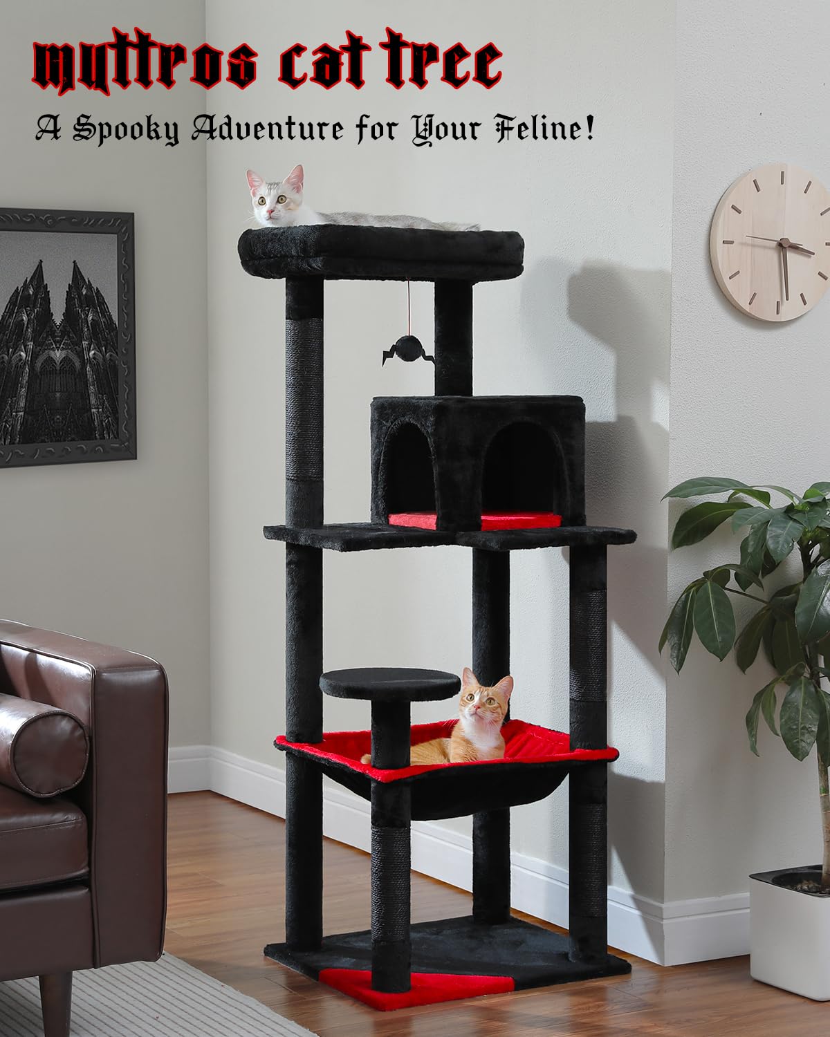 Muttros Gothic Cat Tree With Super Large Hammock, 56.3' Black Cat Tower With Coffin Bed, Cat Condo, Sisal Scratching Posts & Top Perch, Multi-Level Goth Cat Tree, Halloween, Black