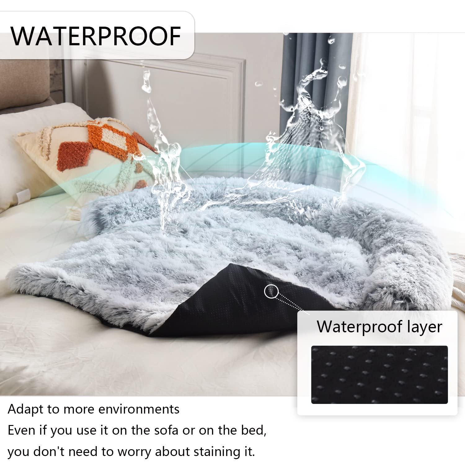 Dekeyoo Pet Couch Protector, Waterproof Calming Dog Bed for Large Dogs Plush Mat, Pet Furniture Cover with Soft Neck Bolster, Ma