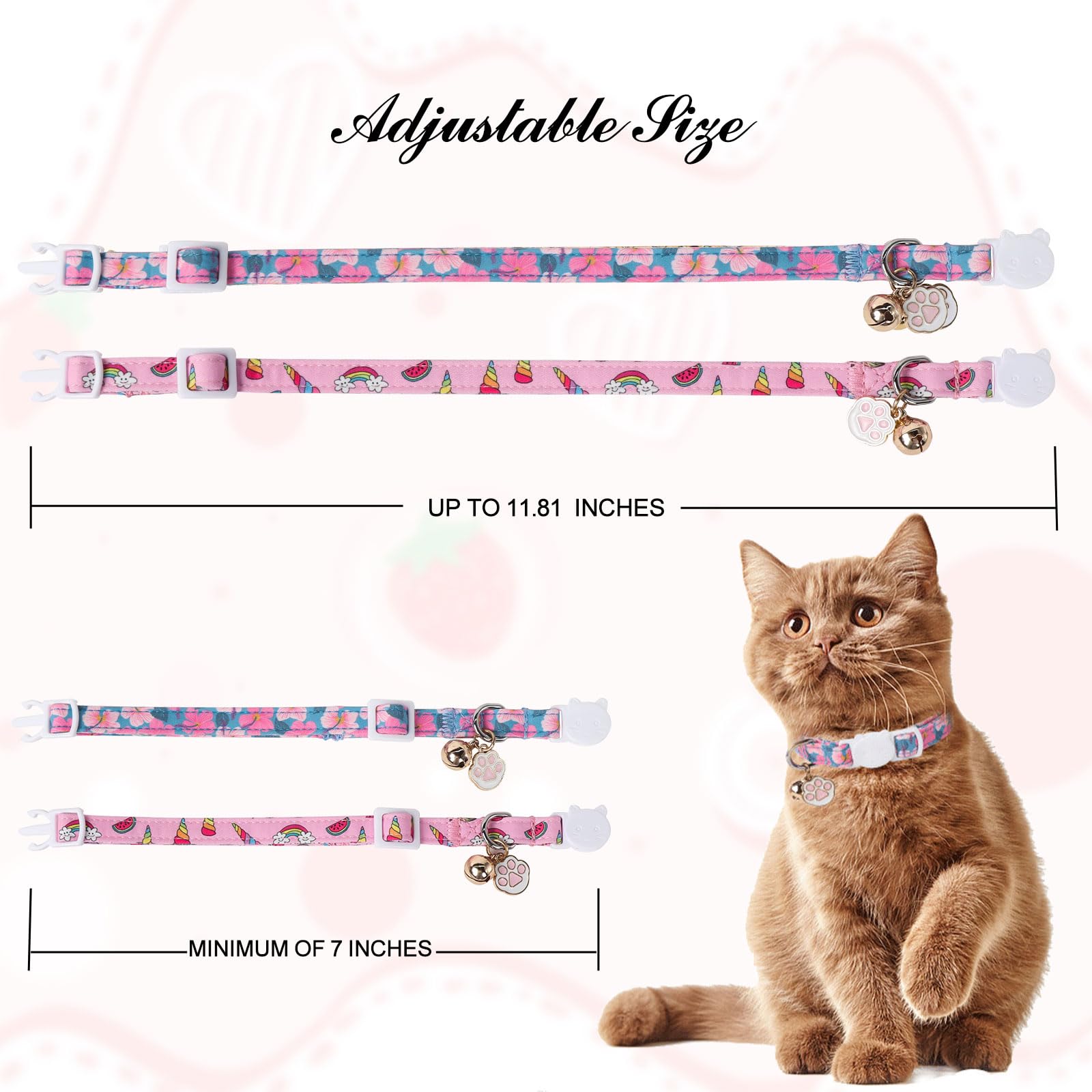 Unique Style Paws Pink Cat Collar,Breakaway Cat Collar With Bell & Pendant,Adjustable Cat Collar For Girl Boy Cats,Ideal Gift Fo