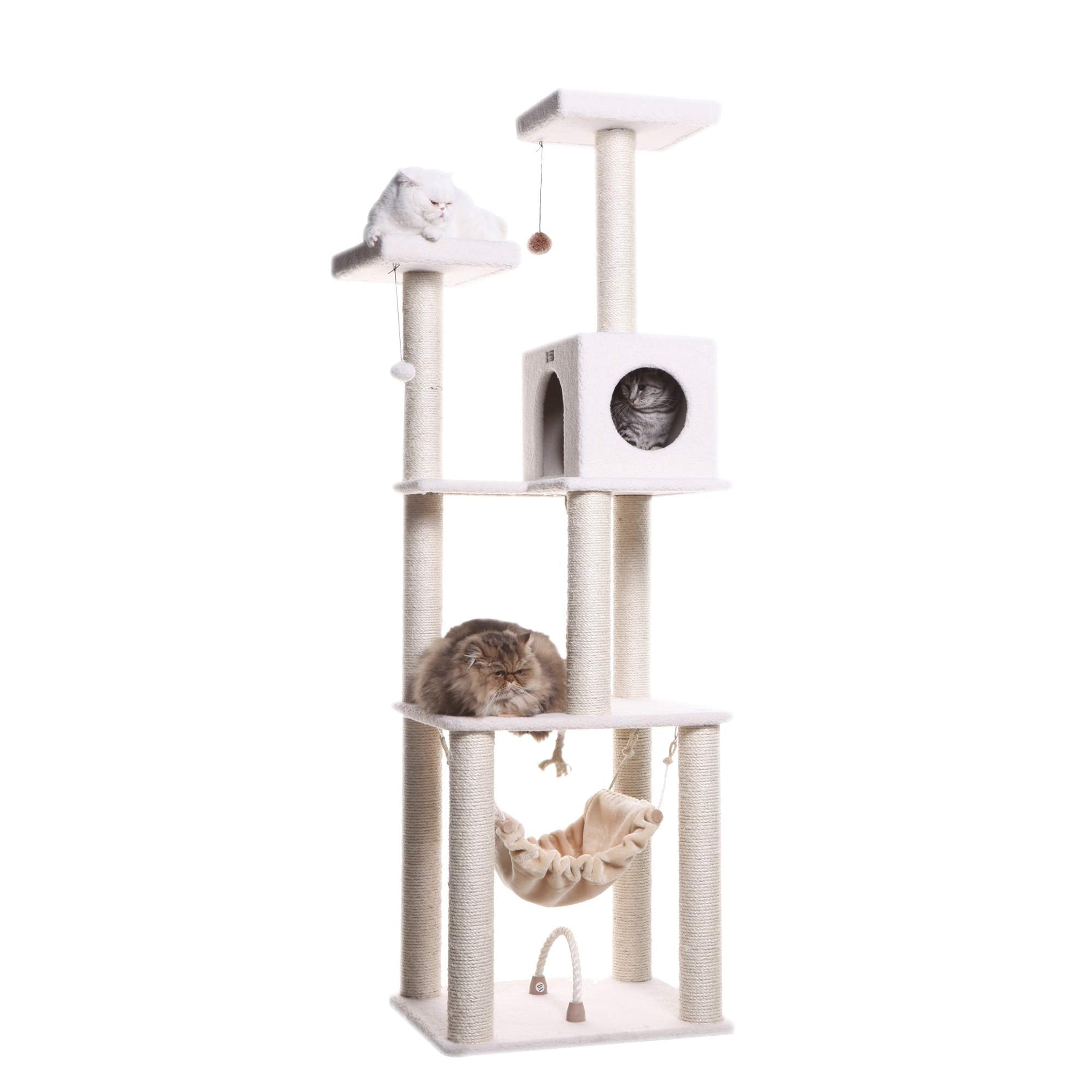 Armarkat B7301 Classic Real Wood Cat Tree In Ivory, Four Levels With Rope Swing, Hammock, Condo, and Perch