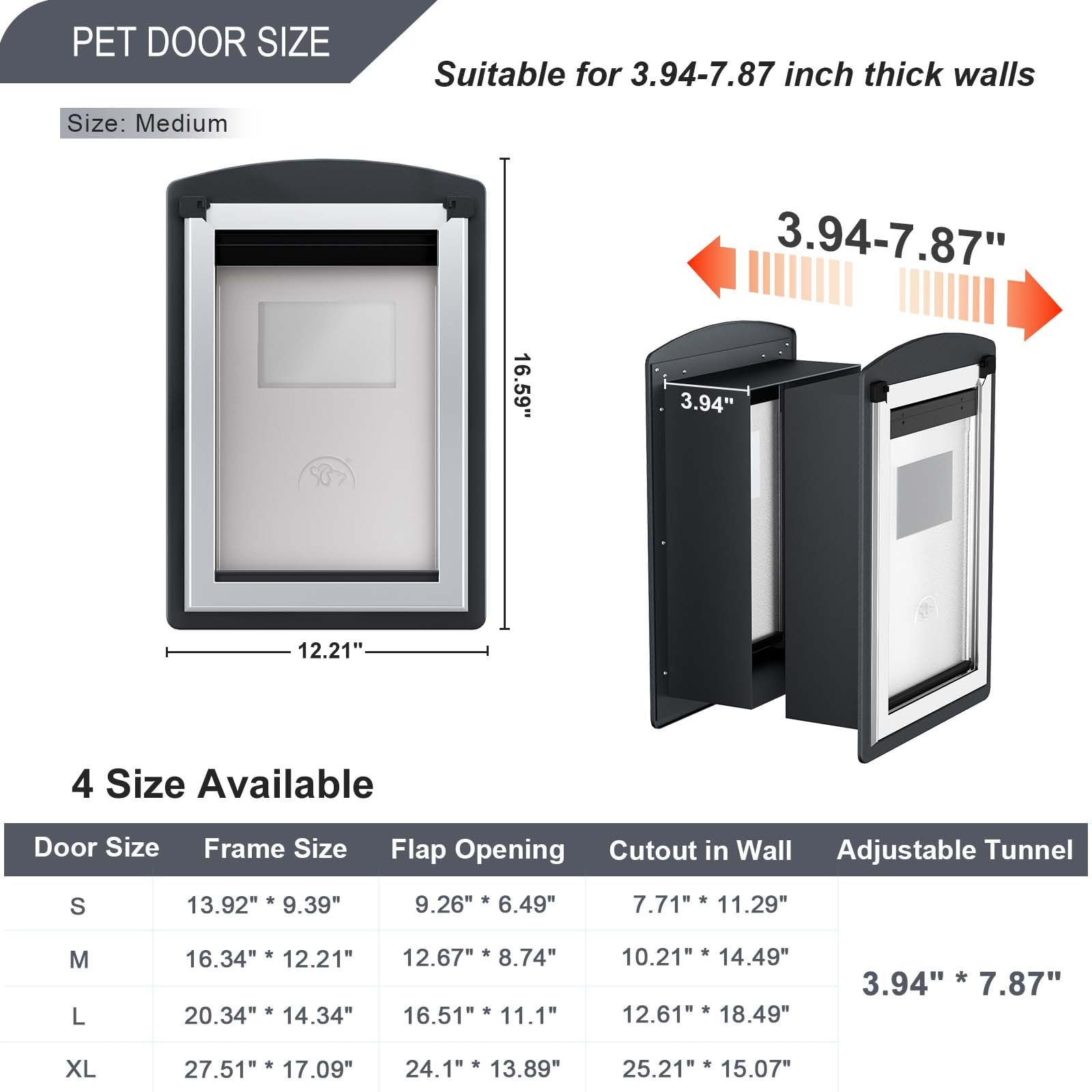 FreeStanding Dog Door - Steel Frame with Telescoping Tunnel, Double Magnetic Flaps, Medium, Smoky Gray, Model FRMS100-2S-2S