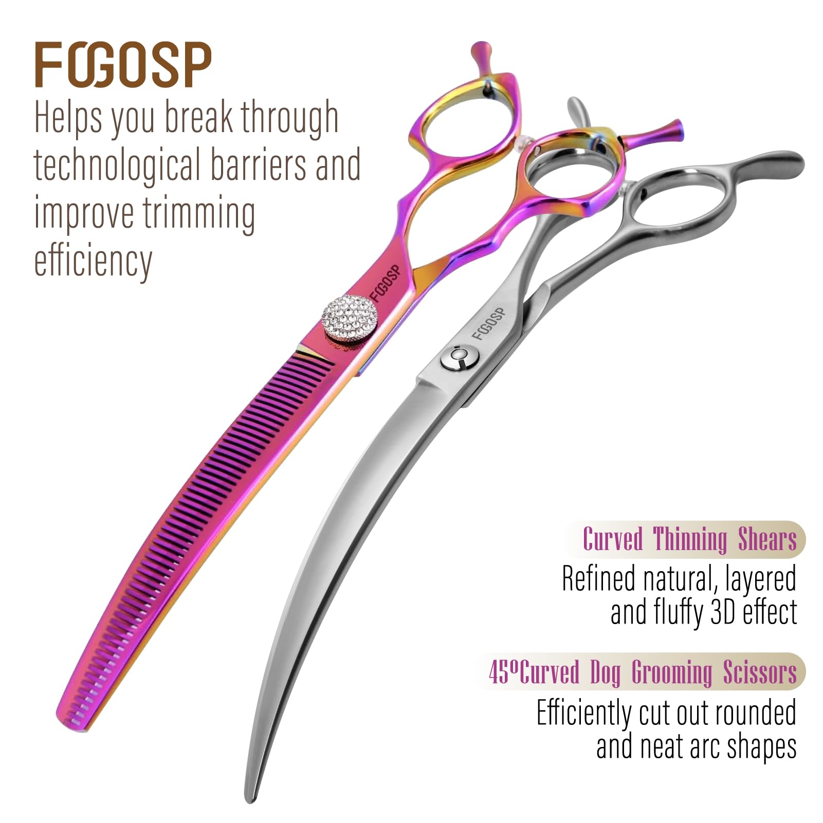 FOGOSP 45° Curved Dog Grooming Scissors, Stainless Steel, 7.5 in, Matte Finish, Curved Thinning Shears 2PCS Combo, Rose Red