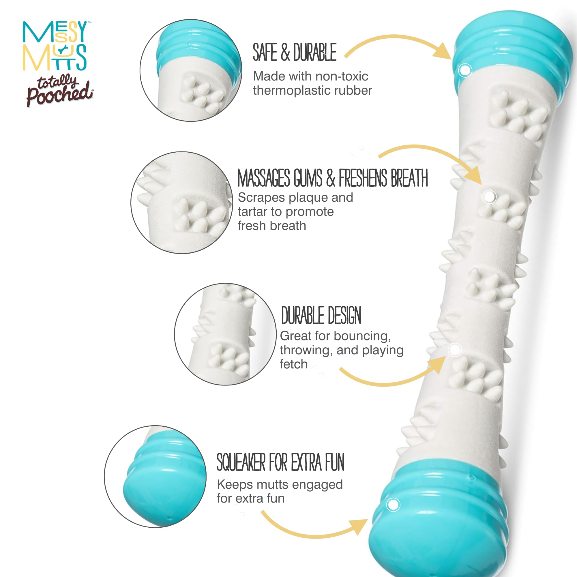 Messy Mutts Totally Pooched Chew n' Squeak Stick | Small 8.5    Durable TPR Dog Toy with Squeaker | Made for Chewers | Tough Fet