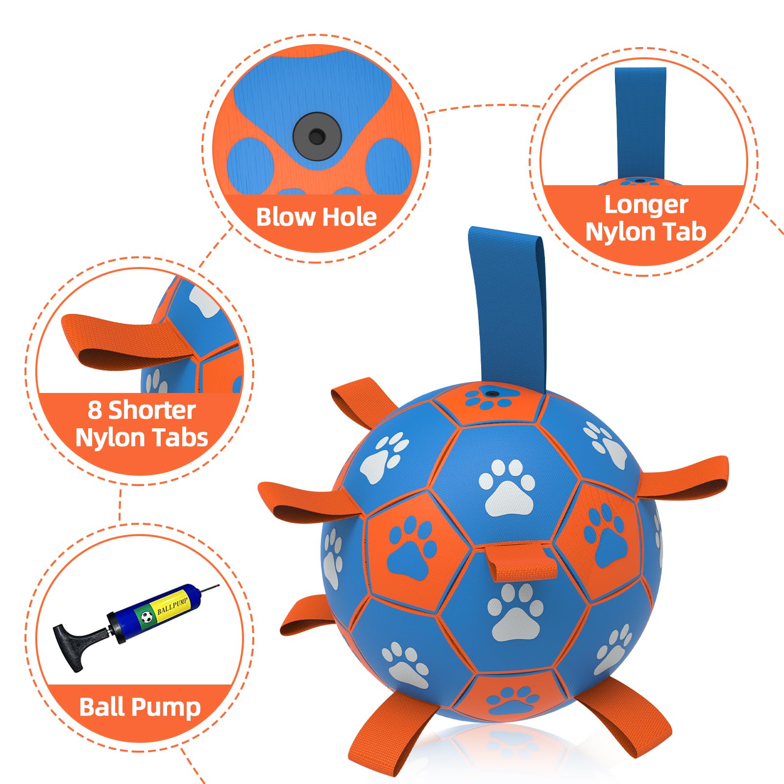 QDAN Dog Tug Toy - Interactive Soccer Ball with Straps, Durable PU Leather, Large Size, Blue & Orange, Perfect for Tug of War and Water Play