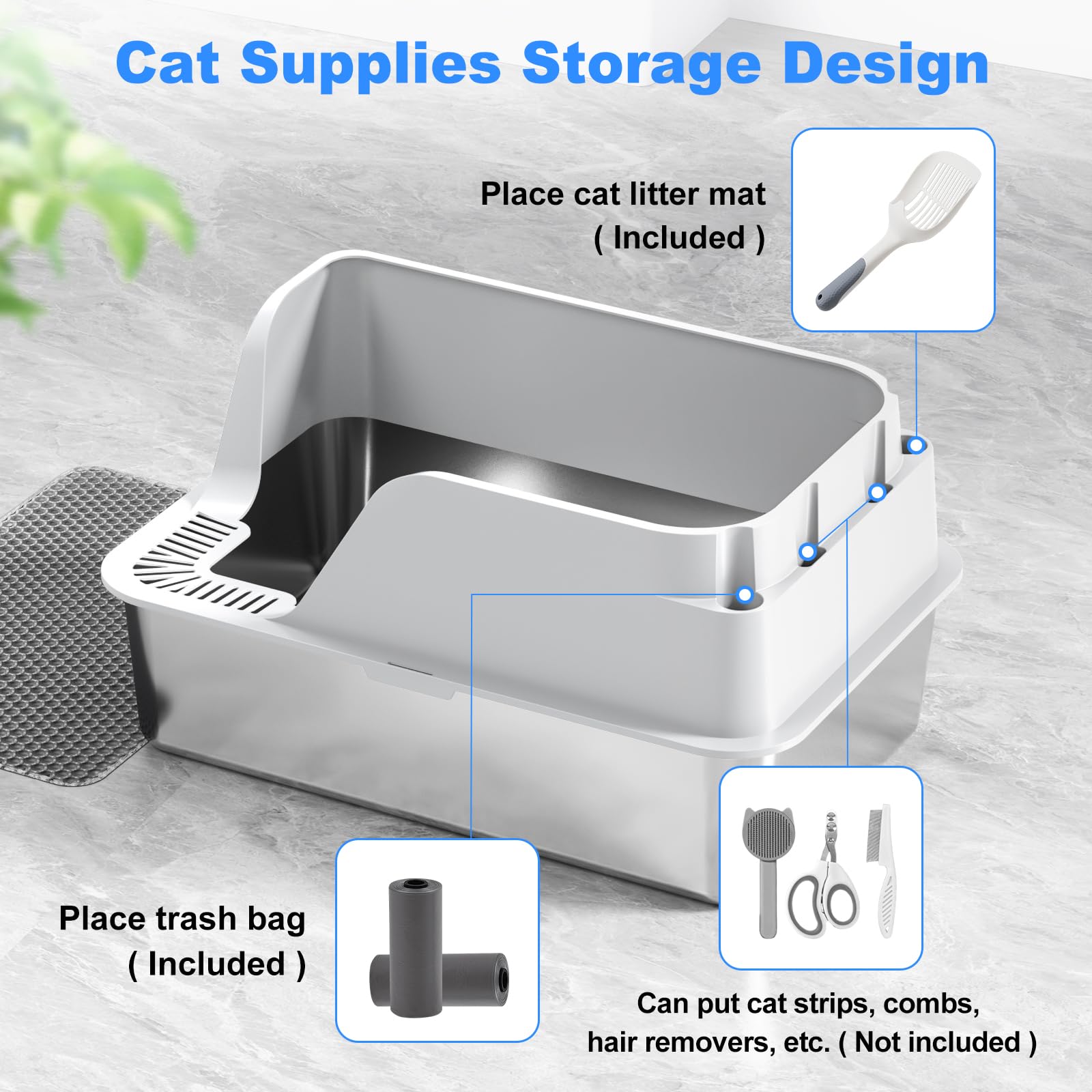 Stainless Steel Litter Box With Lid, Xl Extra Large Metal Litter Box For Big Cats, With High Sided, Anti Leakage,Odor-Free & Eas