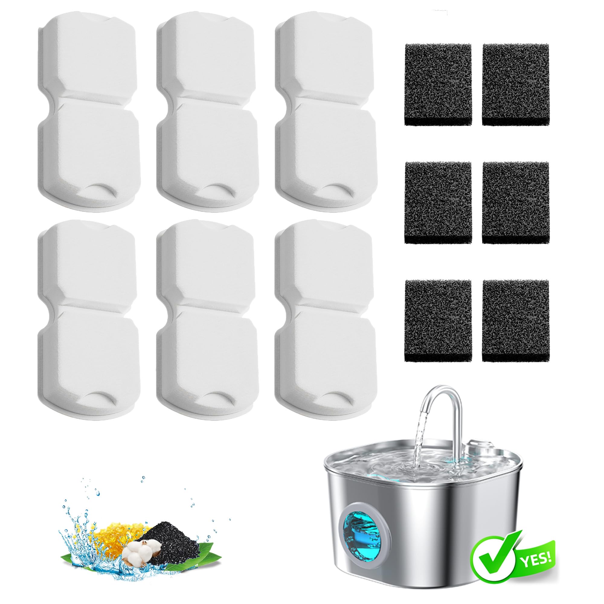 Cat Water Fountain Filter Replacement: 6Pack Pet Fountain Filters of 6 Carbon Filters & 6 Sponges - Use for HOOISE 74oz Automati