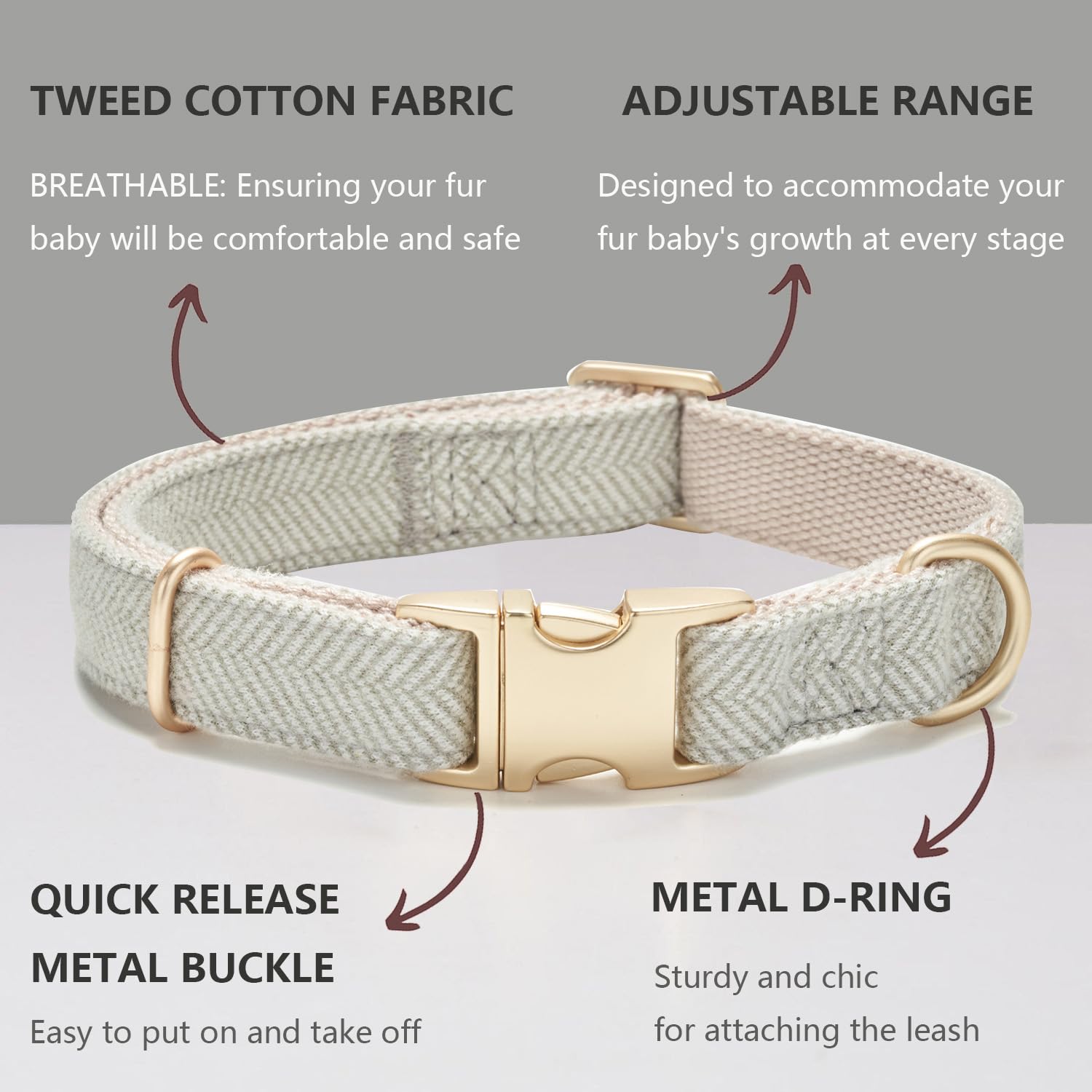 YUDOTE Soft Cotton Hemp Dog Collar with Metal Buckle Adjustable Tweed Dog Collars for Small Medium Large Dogs(Grey,Medium)