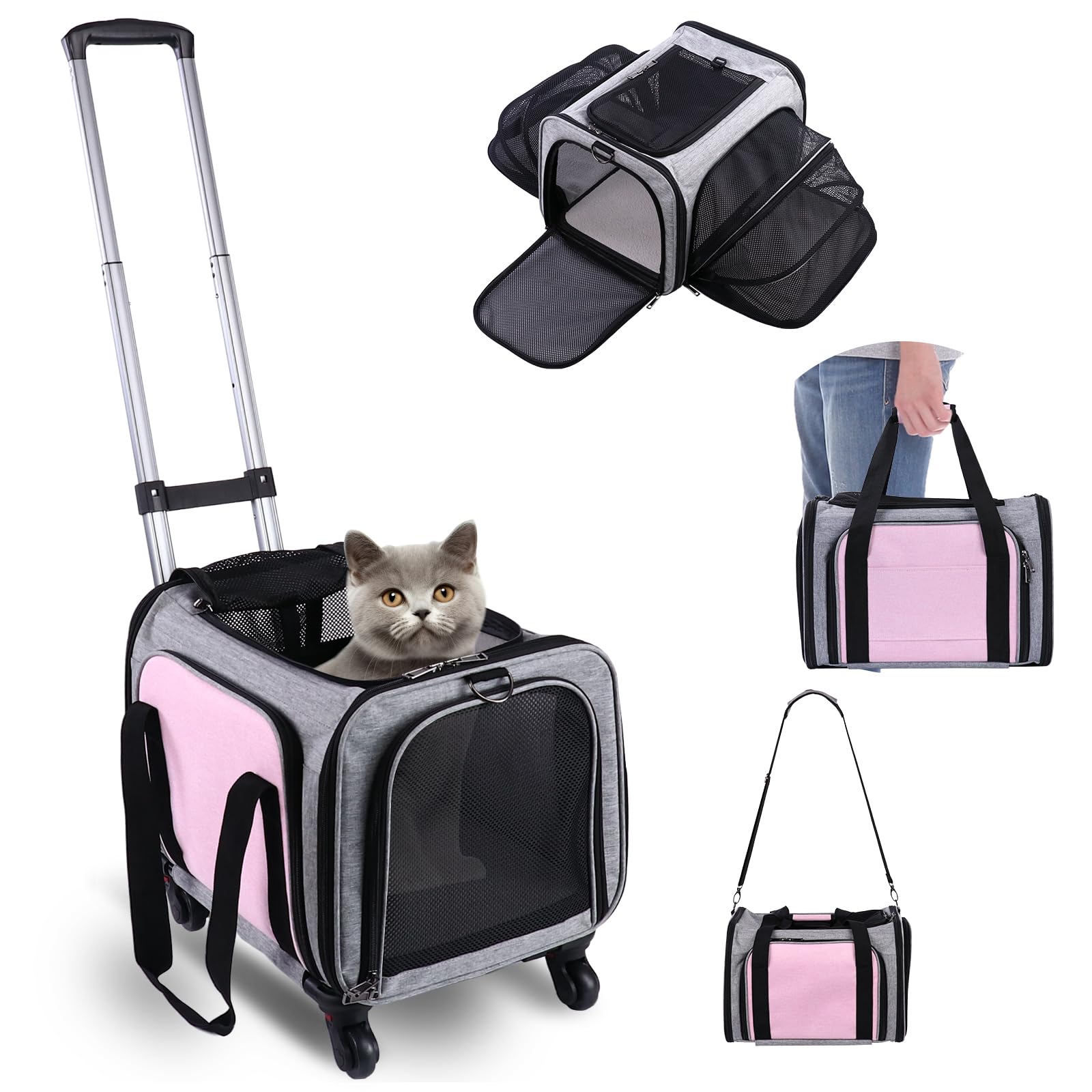 Pet Carrier Airline Approved On Wheels - Two Sided Expandable Cat Soft Carrier For Puppy And Cats Under 26Lbs, Rolling Cat Carri