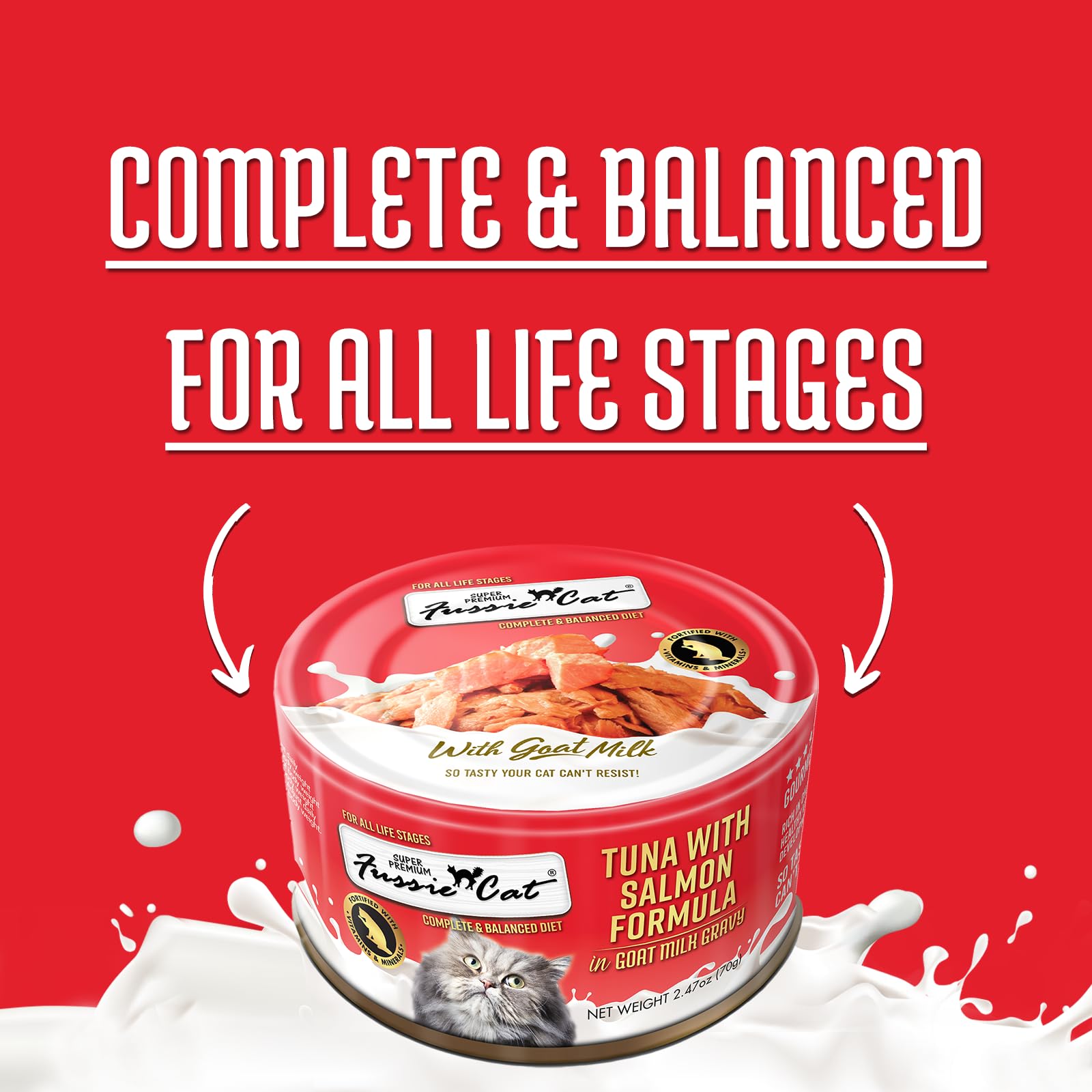 Fussie Cat Premium Canned Wet Cat Food in Goat Milk Gravy - 2.47 oz Cans - Case of 24 Cans (Tuna & Salmon)