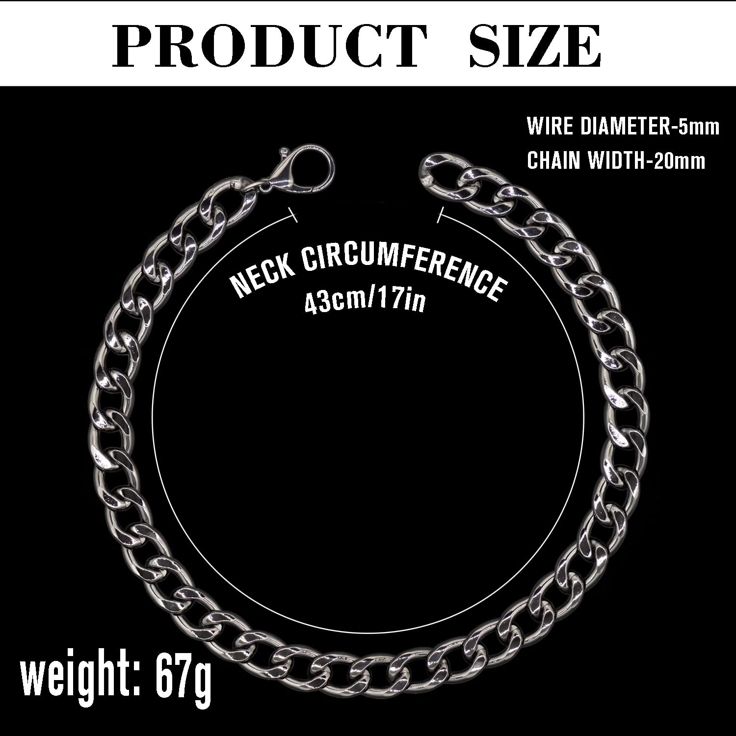 Black Dog Chain Collar-3/4 Inch (20Mm) Width Cuban Link Durable Dog Necklace, Cute Fashion Pet Collar For Pit Bulldog, Light Met