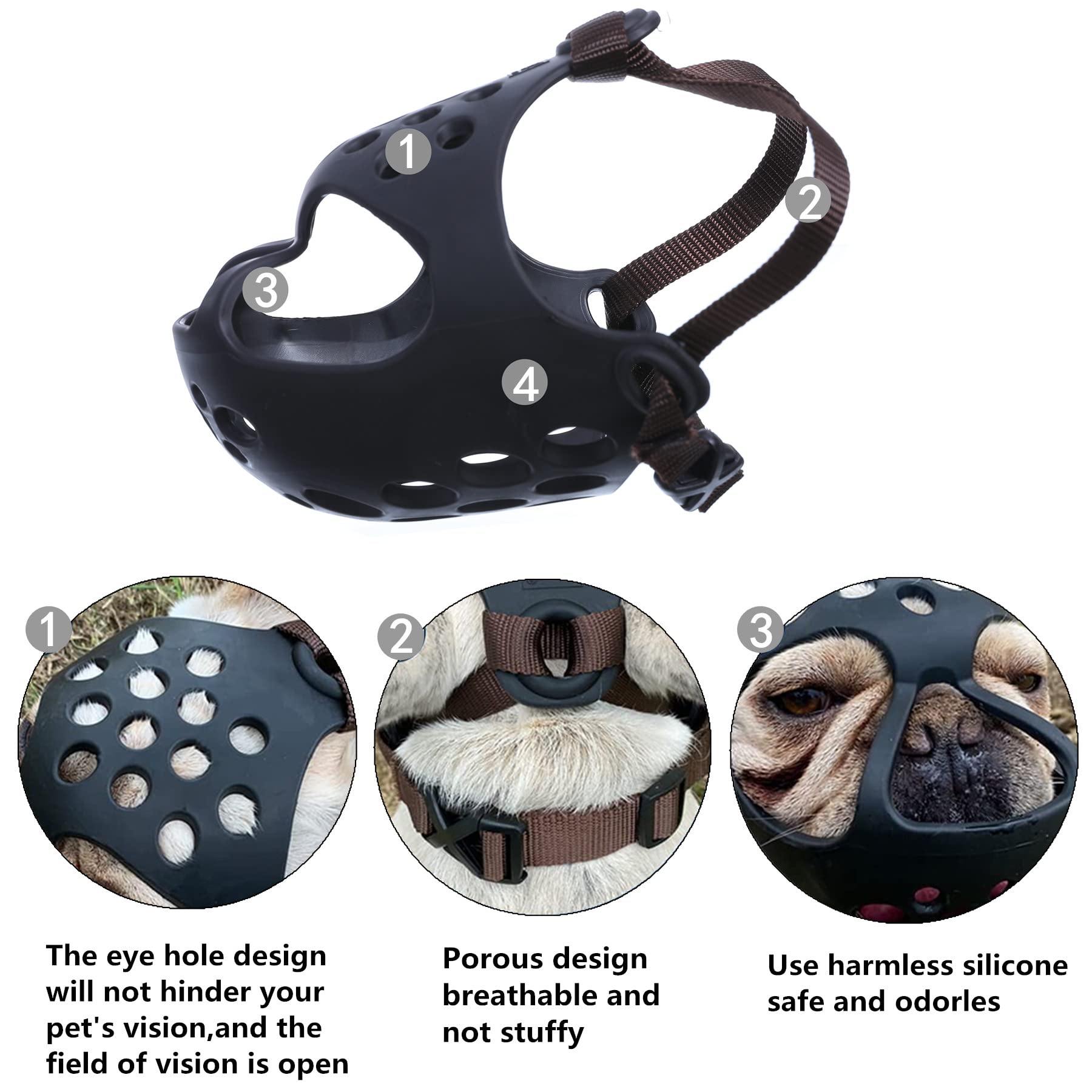 Jyhy Short Snout Dog Muzzles,Soft Silicone Adjustable Breathable Bulldog Muzzle For Biting Chewing Barking Training,Ideal For Flat-Faced Dogs (Large/15-17' (Pack Of 1), Black)