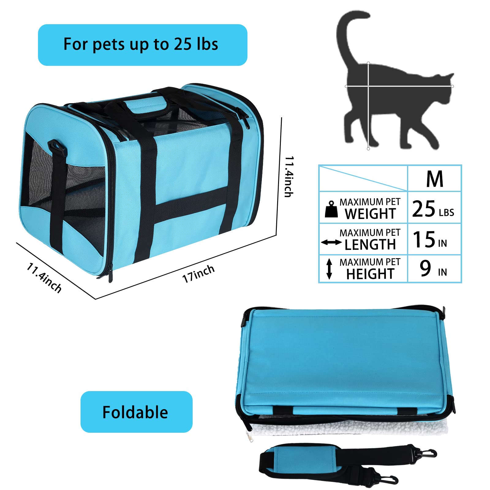 Cat Carrying Case - Pet Carrier Airline Approved, Protable And Breathable Pet Travel Carrier Removable Fleece Pad, Collapsible Cat Carrier Dog Carrier For Medium Cats Small Cats Dogs(Medium, Blue)