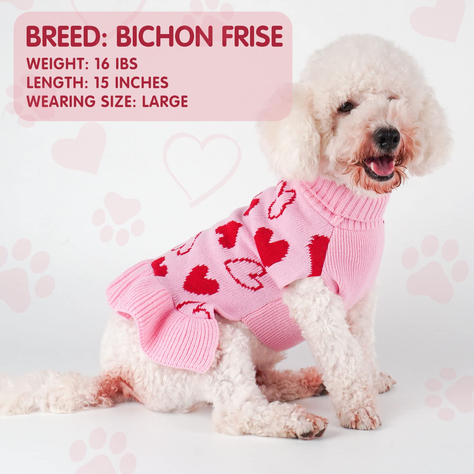 Cyeollo Dog Sweater Dress Dog Clothes Pullover Turtleneck With Leash Hole Heart Pattern Holiday Outfit Female Pet Apparel Valent
