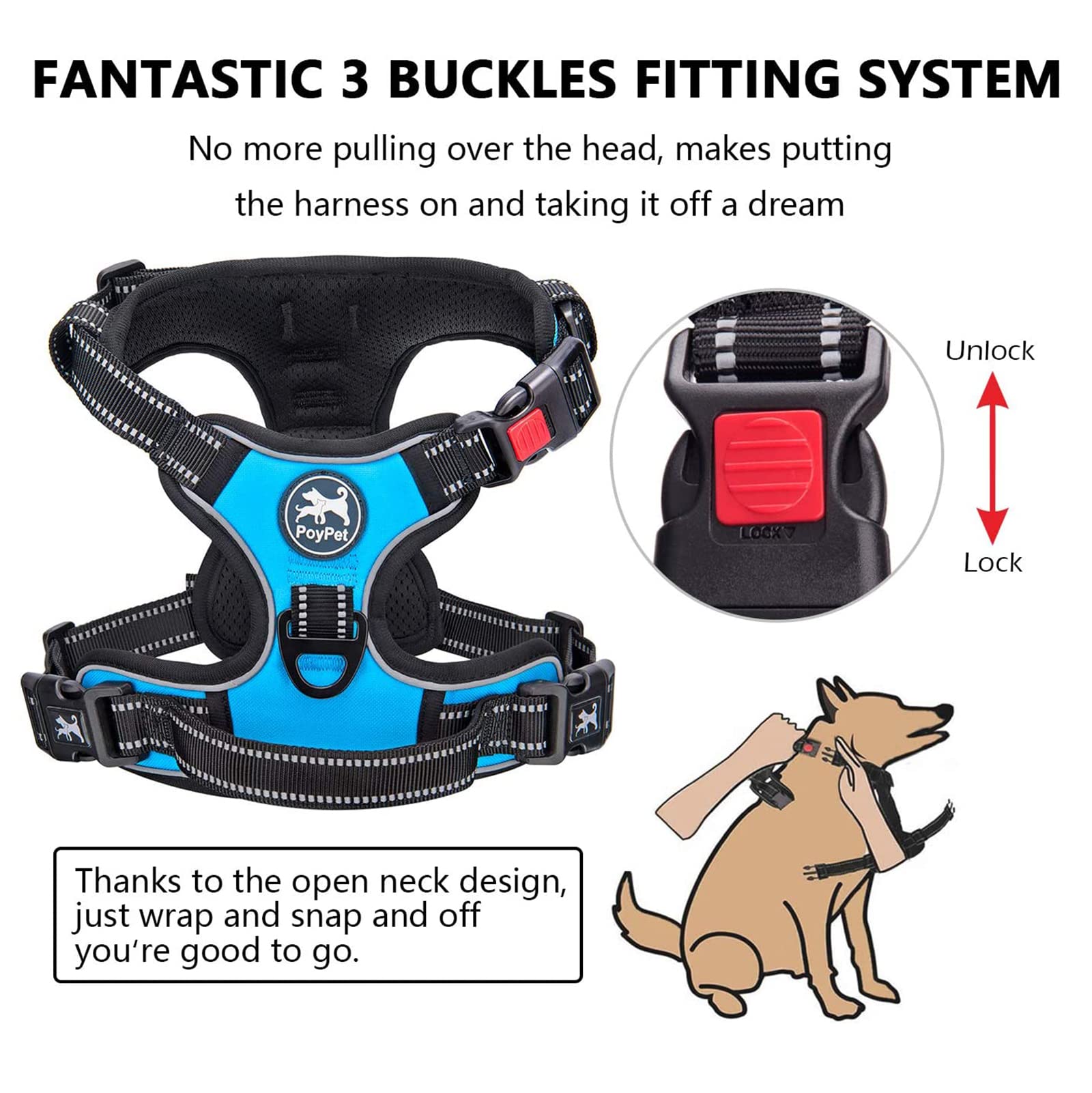 Poypet No Pull Dog Harness, No Choke Front Lead Dog Reflective Harness, Adjustable Soft Padded Pet Vest With Easy Control Handle For Small To Large Dogs(Blue,S)