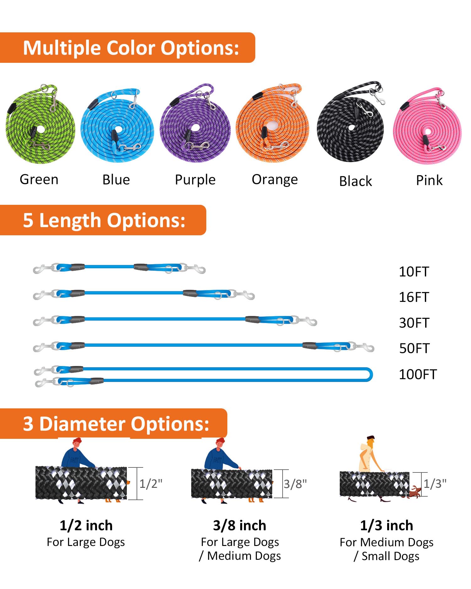 2 Pack Orange&Blue 20Ft Long Dog Leashes,Dog Training Lead For Large Medium Small Dogs Outside Walking, Playing, Camping, Or Yar