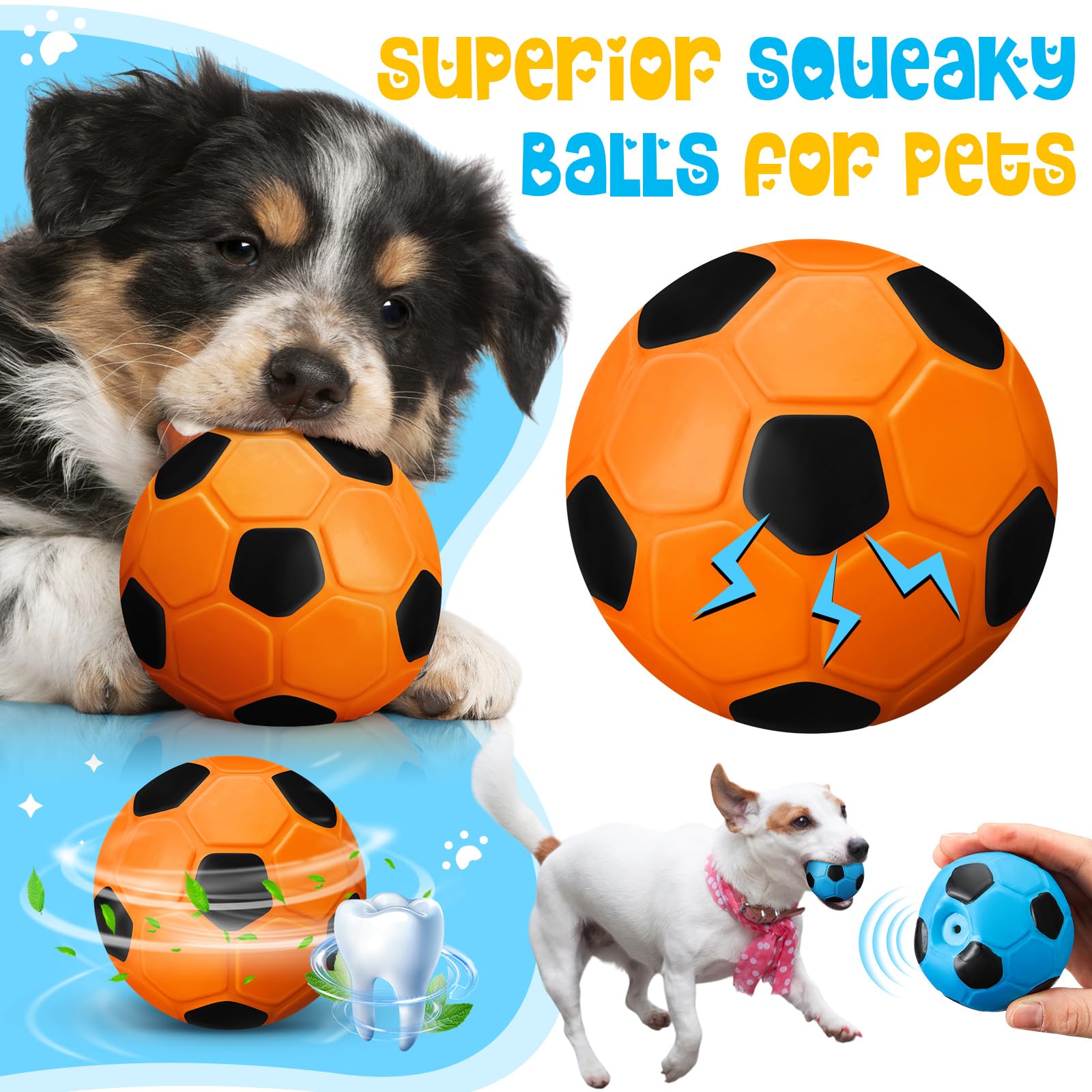 Vinsot 6 Pack 2.6' Squeak Latex Dog Toy Ball Soft Durable Chew Puppy Soccer Toy Rubber Fetch Interactive Dog Ball For Small Med