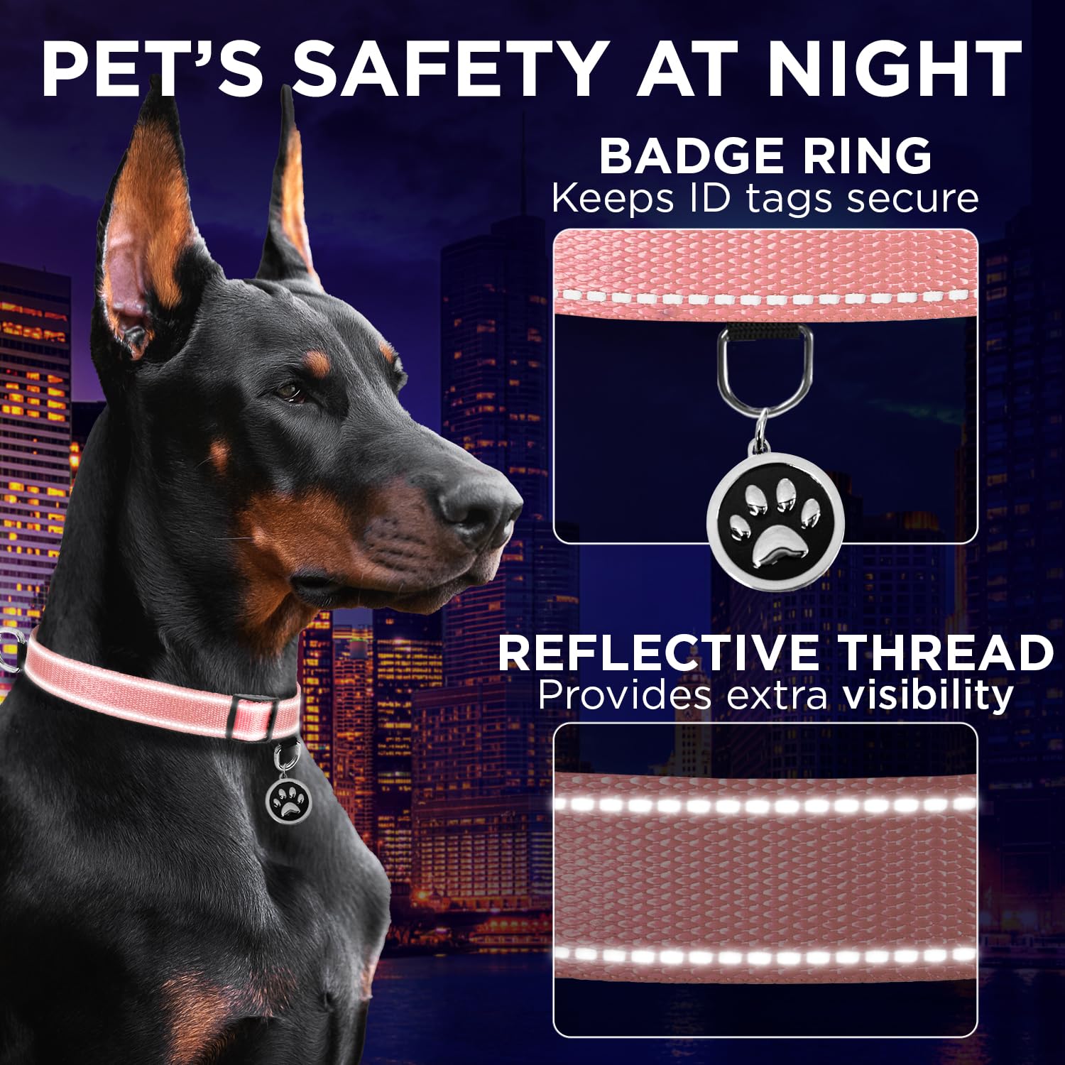 Teceum Reflective Pet Collar - Pink - Xl - Extra Soft Padding - Basic Nylon Dog Collar - Quick Release Buckle - Fits Small, Medi