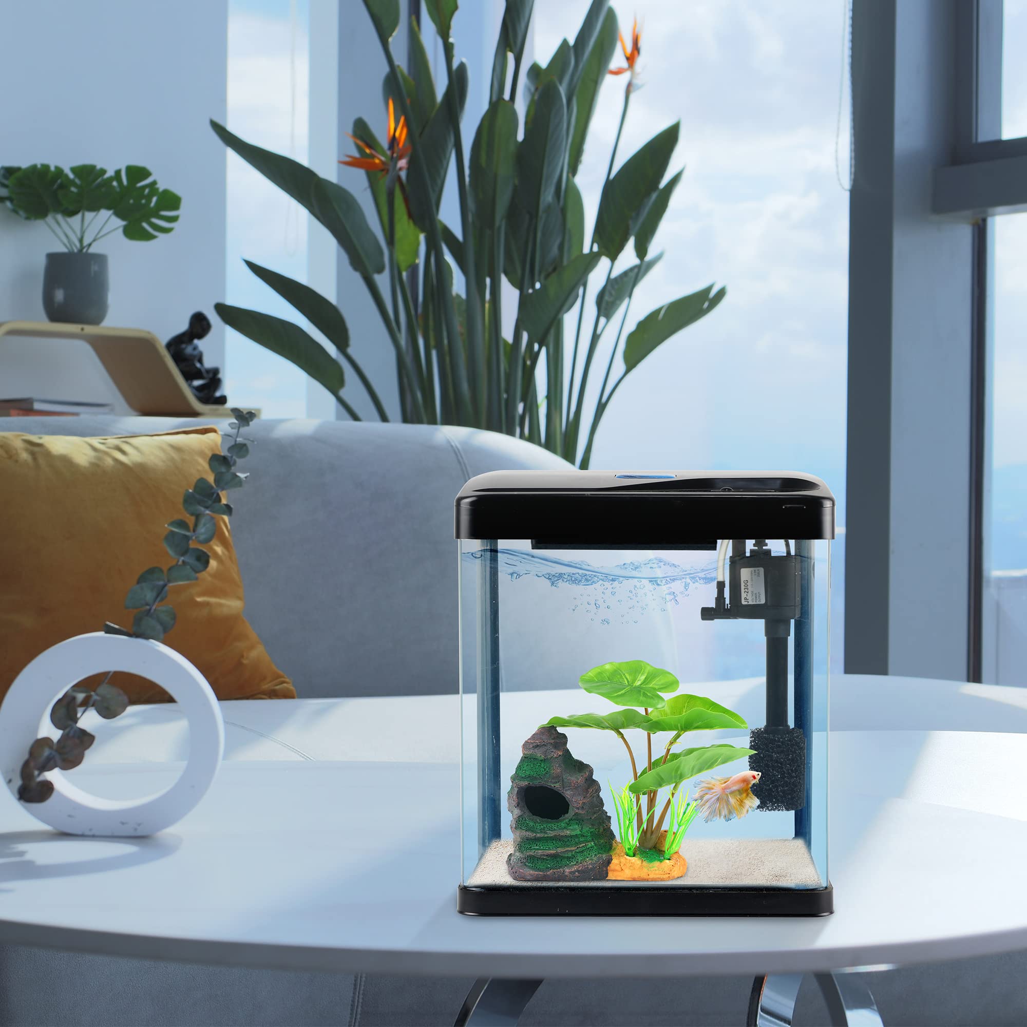 Betta Fish Tank Self Cleaning Glass 2 Gallon Small Nano Aquarium Starter Kits Desktop Room Decor w/LED Light Decorations & Whisp