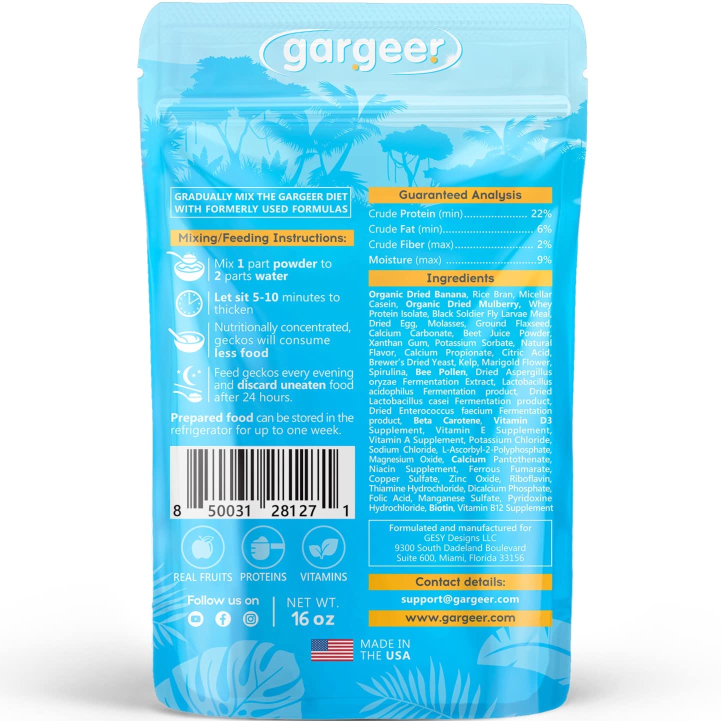 Gargeer 16oz Complete Crested Gecko Food Diet. Premium Ingredients Mix, Ready to Use Freshly Made Powder. Unique Superfood Formu