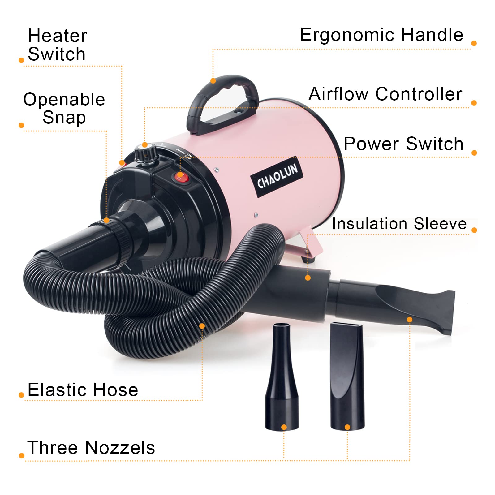 Chaolun Dog Dryer, Dog Blow Dryer, High Velocity Professional Pet Grooming Dryer, Dog Hair Dryer With Heater, Stepless Adjustable Speed, 3 Different Nozzles And A Comb, Pink